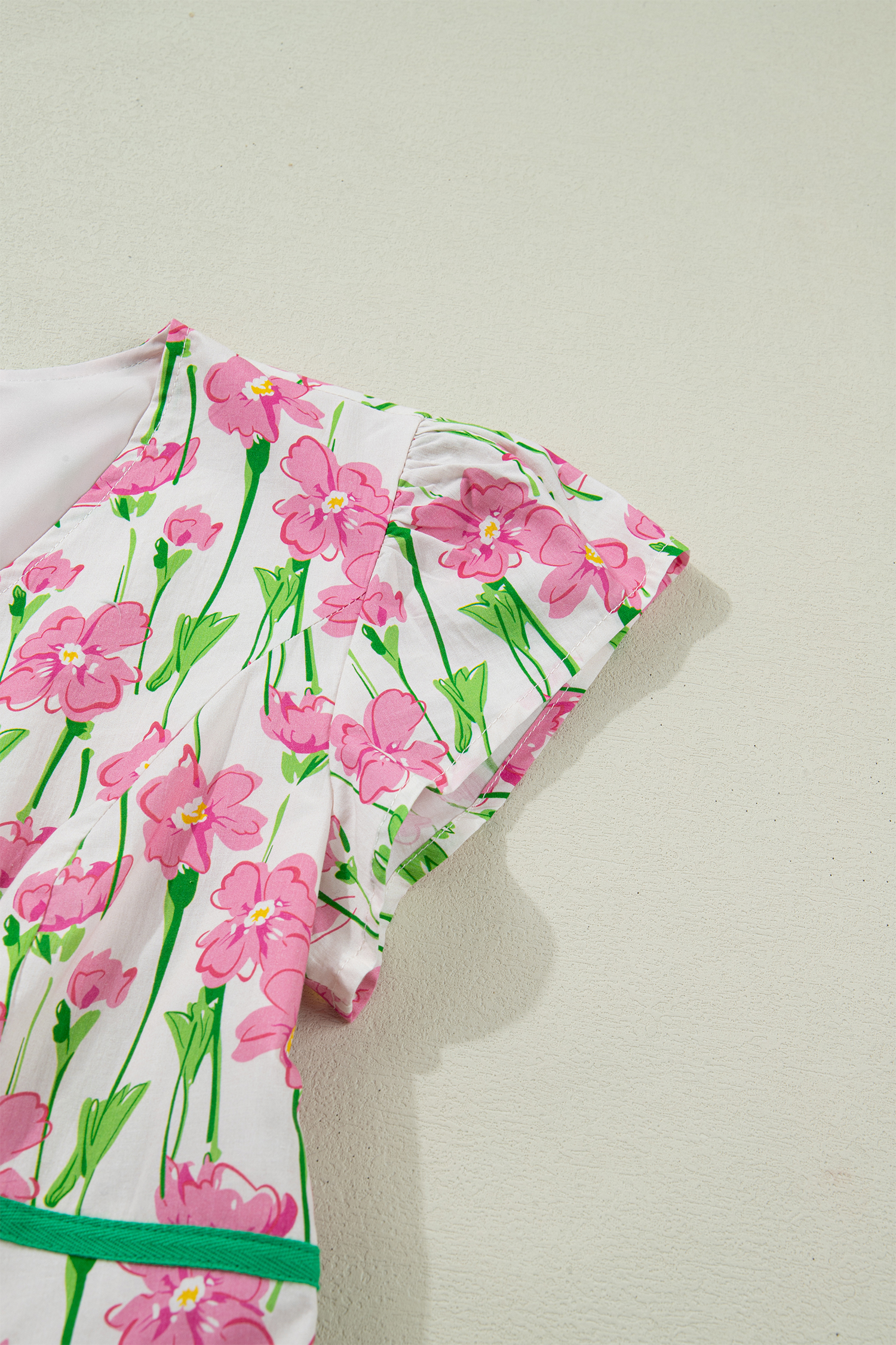 Pink Floral Print Contrast Trim V Neck Short Sleeve Elegant Midi Dress view 19