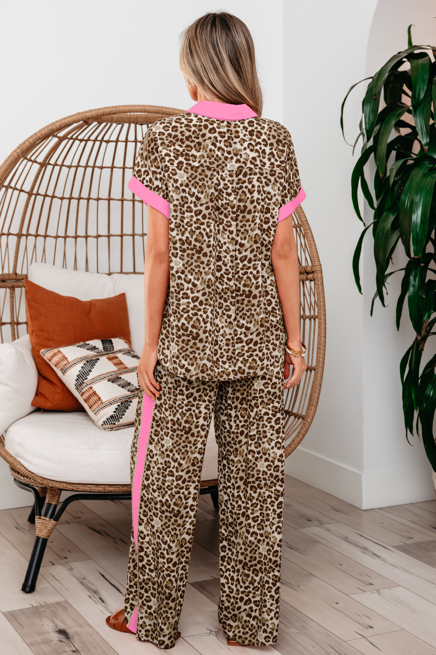 Brown Contrast Trim Leopard Top and Pant Set view 2