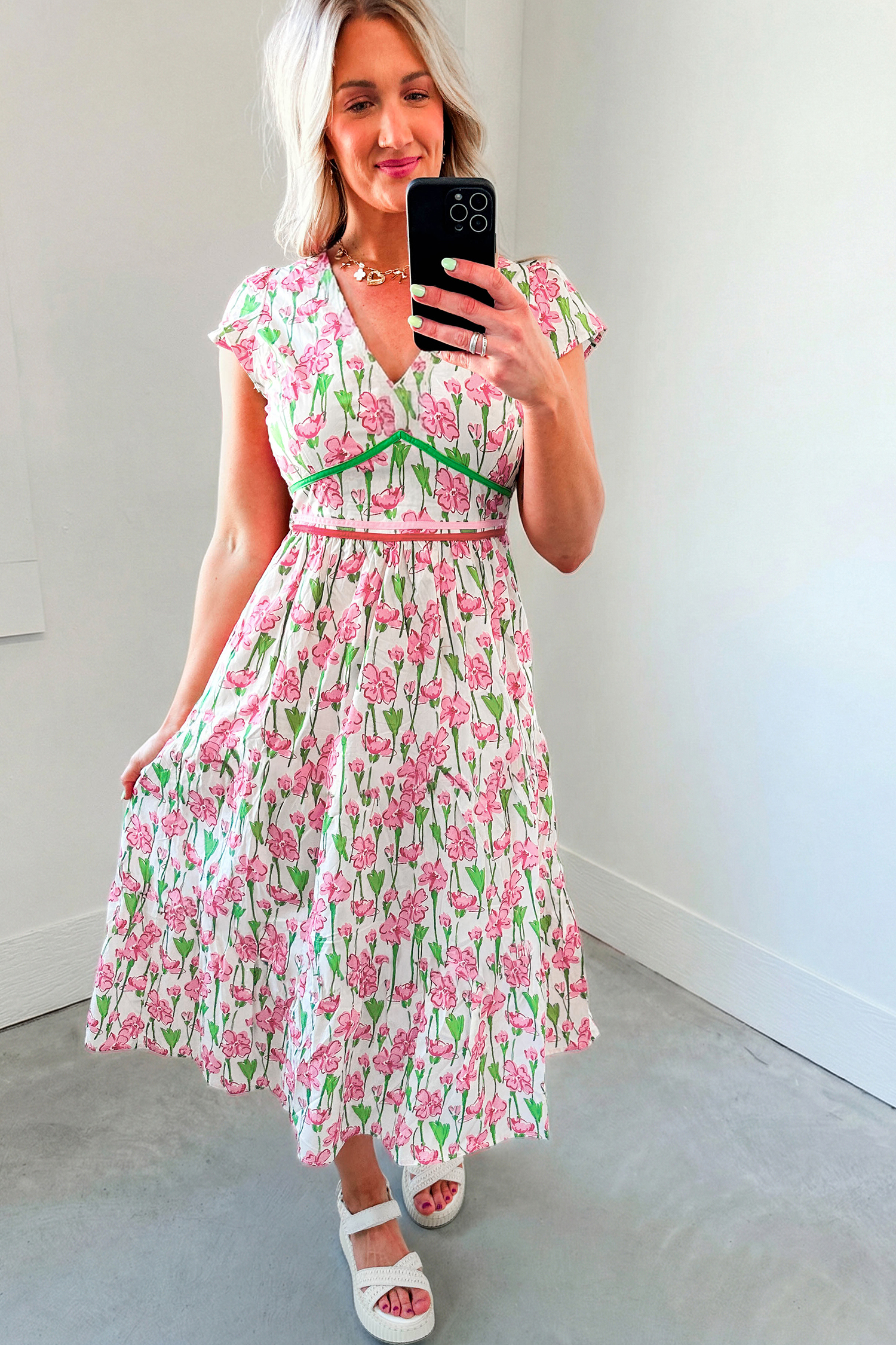 Pink Floral Print Contrast Trim V Neck Short Sleeve Elegant Midi Dress view 13