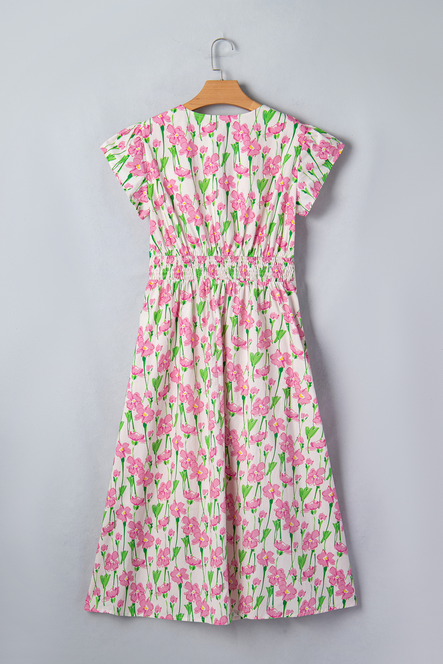 Pink Floral Print Contrast Trim V Neck Short Sleeve Elegant Midi Dress view 16