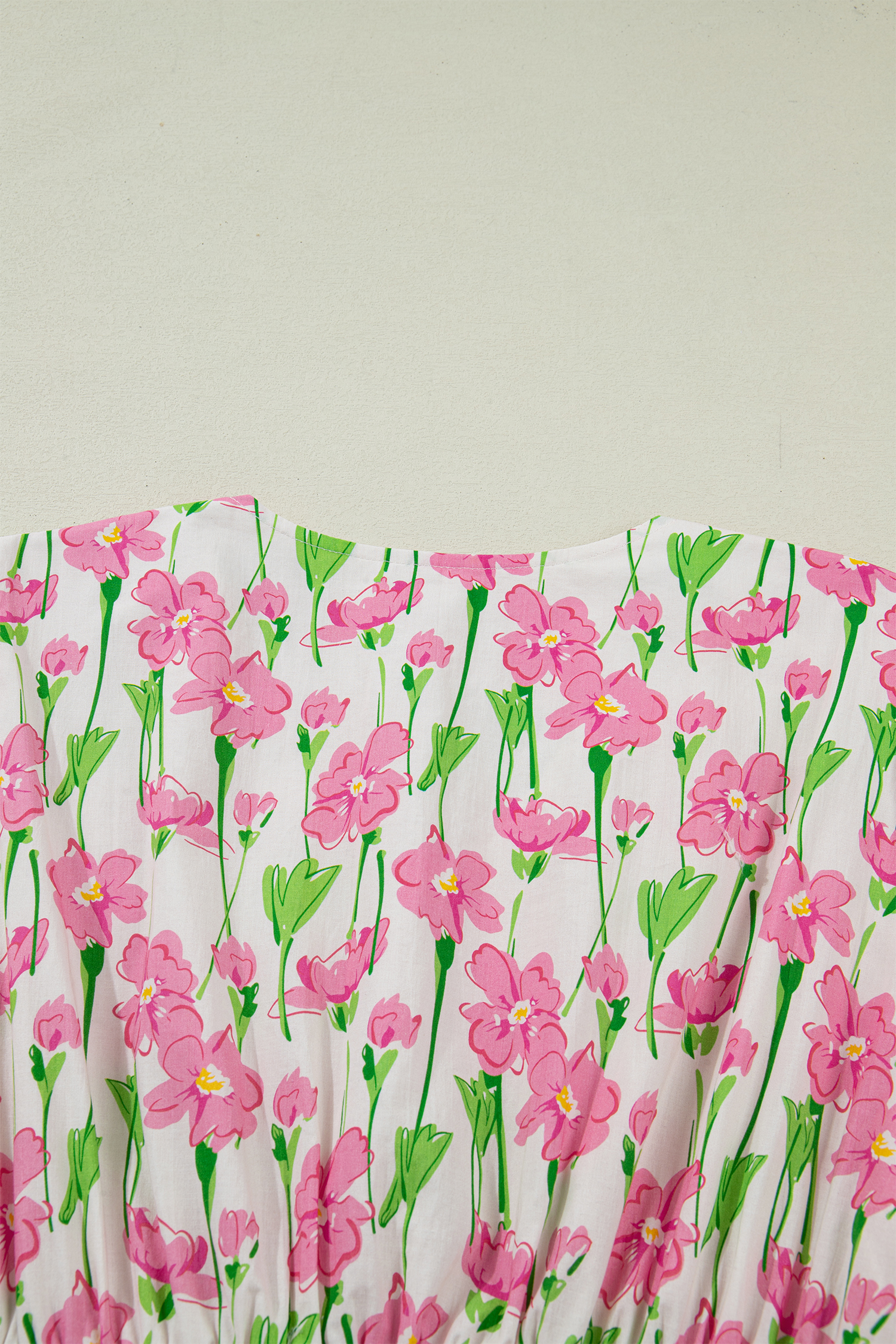 Pink Floral Print Contrast Trim V Neck Short Sleeve Elegant Midi Dress view 21