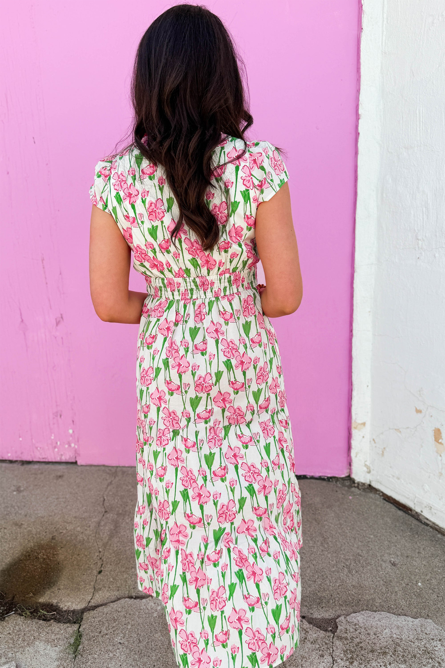 Pink Floral Print Contrast Trim V Neck Short Sleeve Elegant Midi Dress view 10