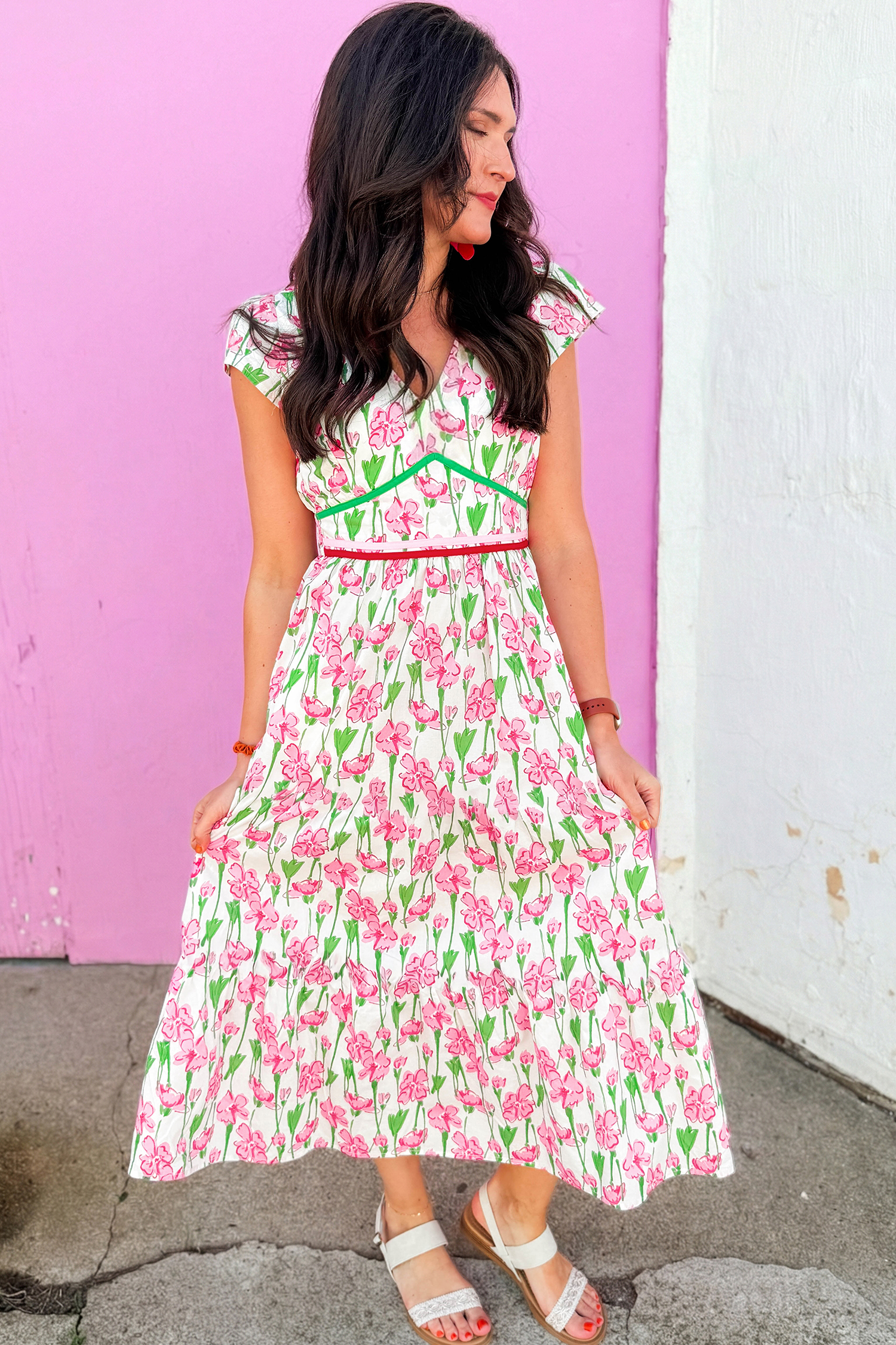 Pink Floral Print Contrast Trim V Neck Short Sleeve Elegant Midi Dress view 11