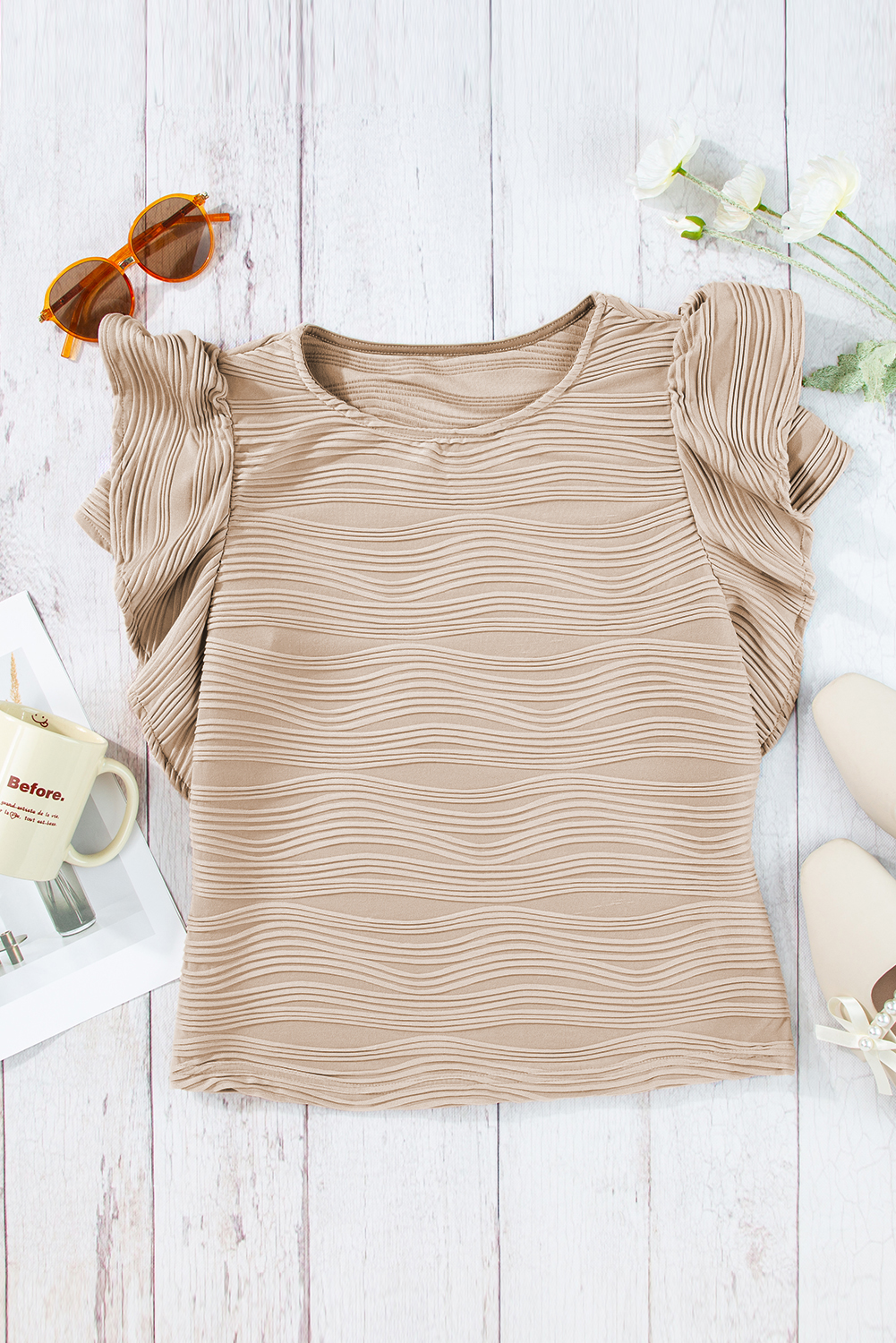 Casual Wavy Textured Ruffle Sleeve Top view 9
