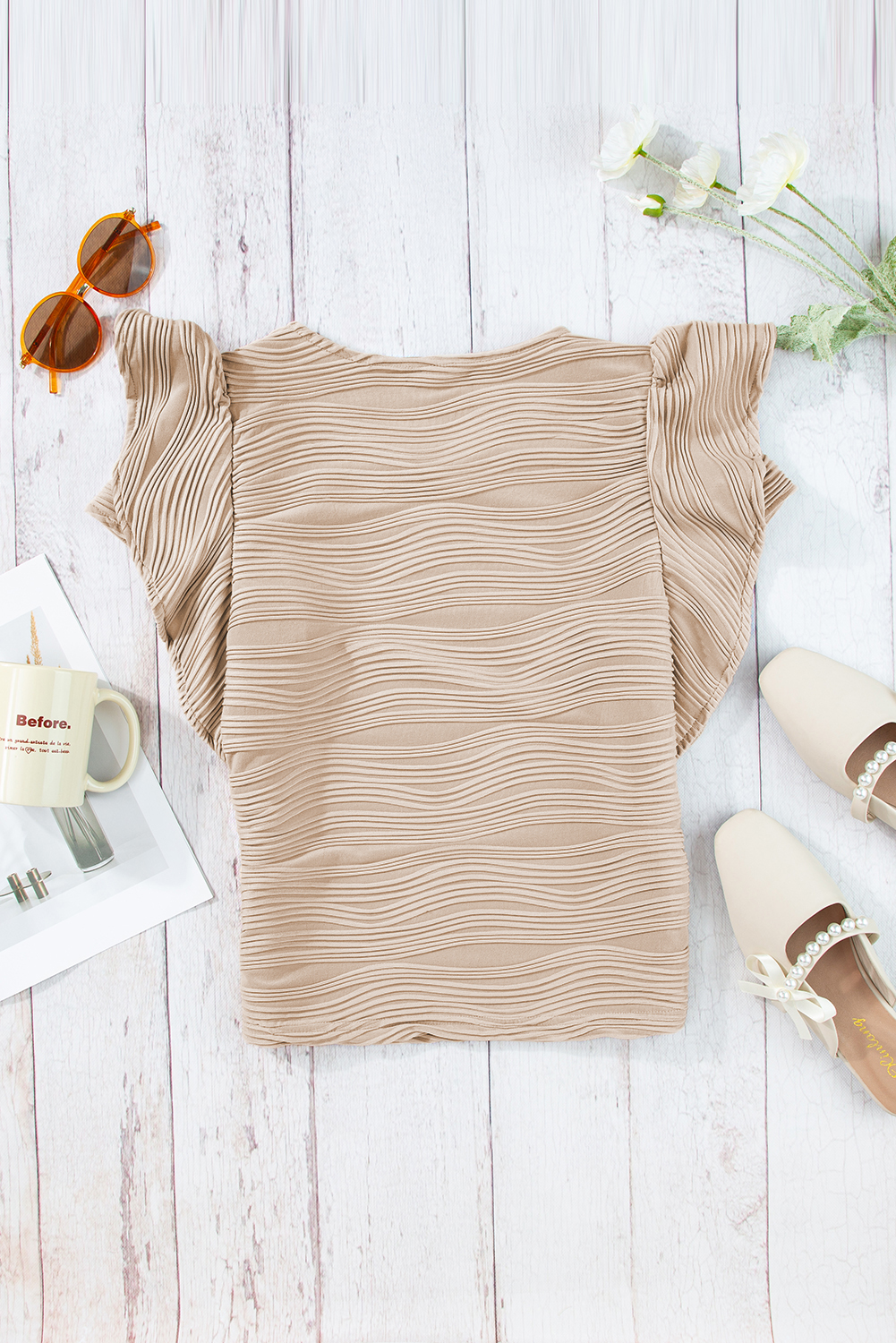 Casual Wavy Textured Ruffle Sleeve Top view 10
