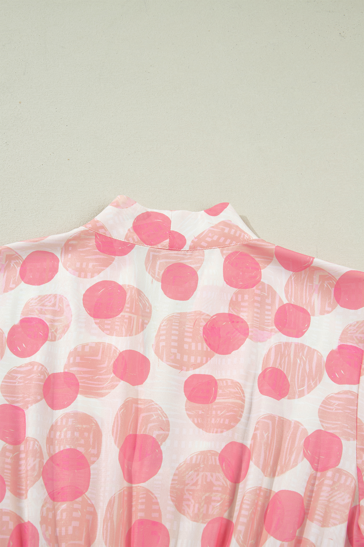 Pink Polka Dot Printed Ruffle Short Sleeve Zip Up Long Dress