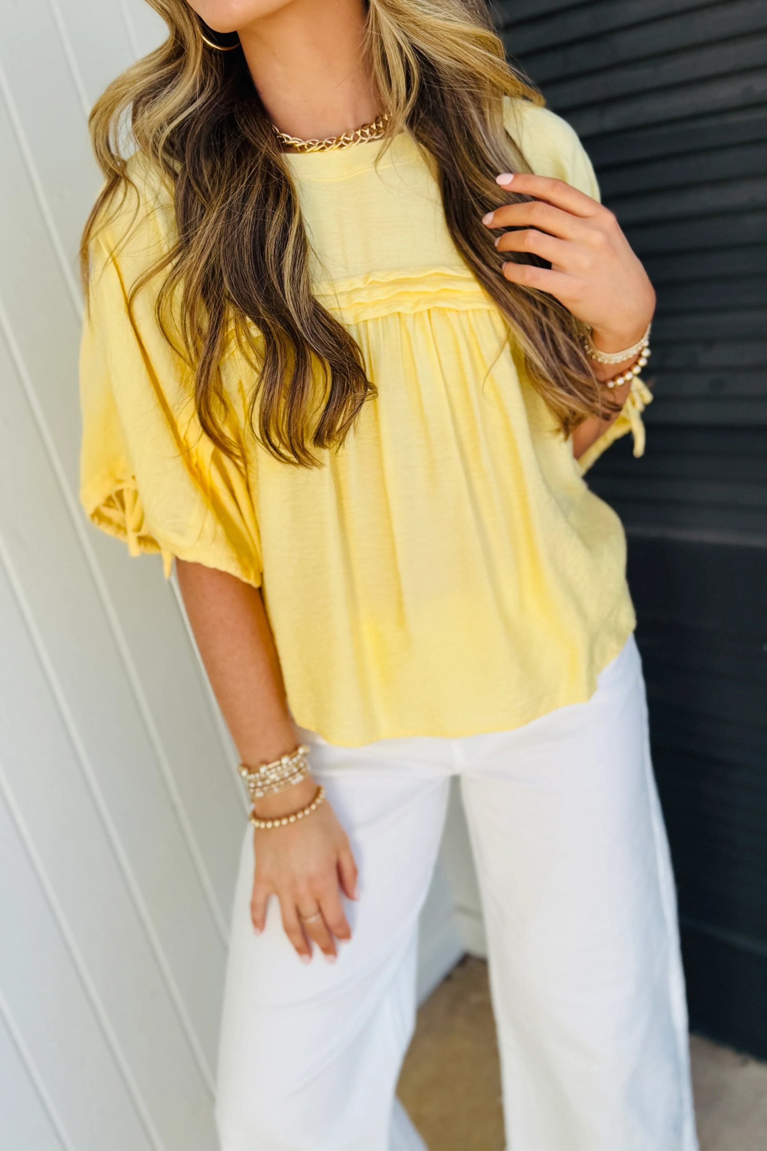 Yellow Cream Tie Half Sleeve Pleated Detail Babydoll Blouse view 5