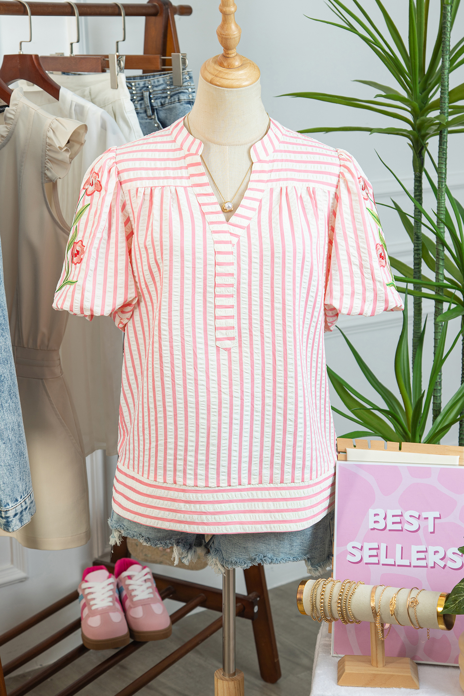 Pink Stripe Print Floral Embroidered Puff Sleeve V Neck Blouse view 9