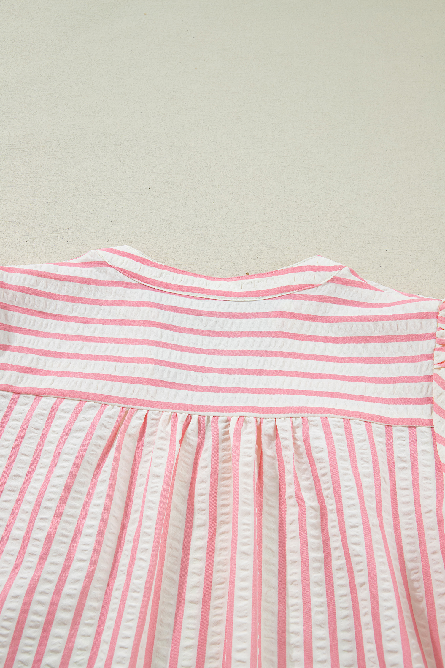 Pink Stripe Print Floral Embroidered Puff Sleeve V Neck Blouse view 18