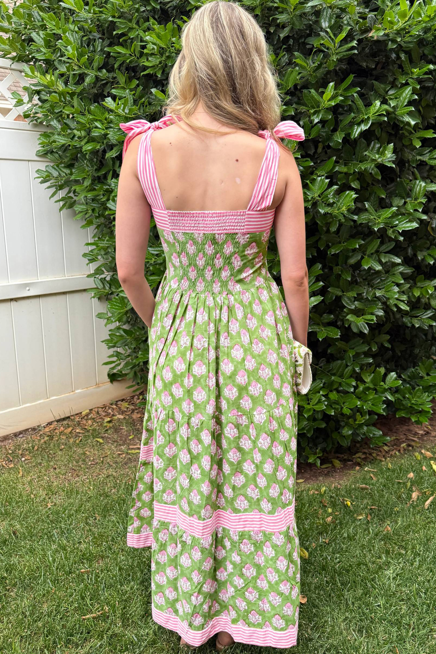 Green Floral Print Striped Detail Knot Straps Maxi Dress view 3