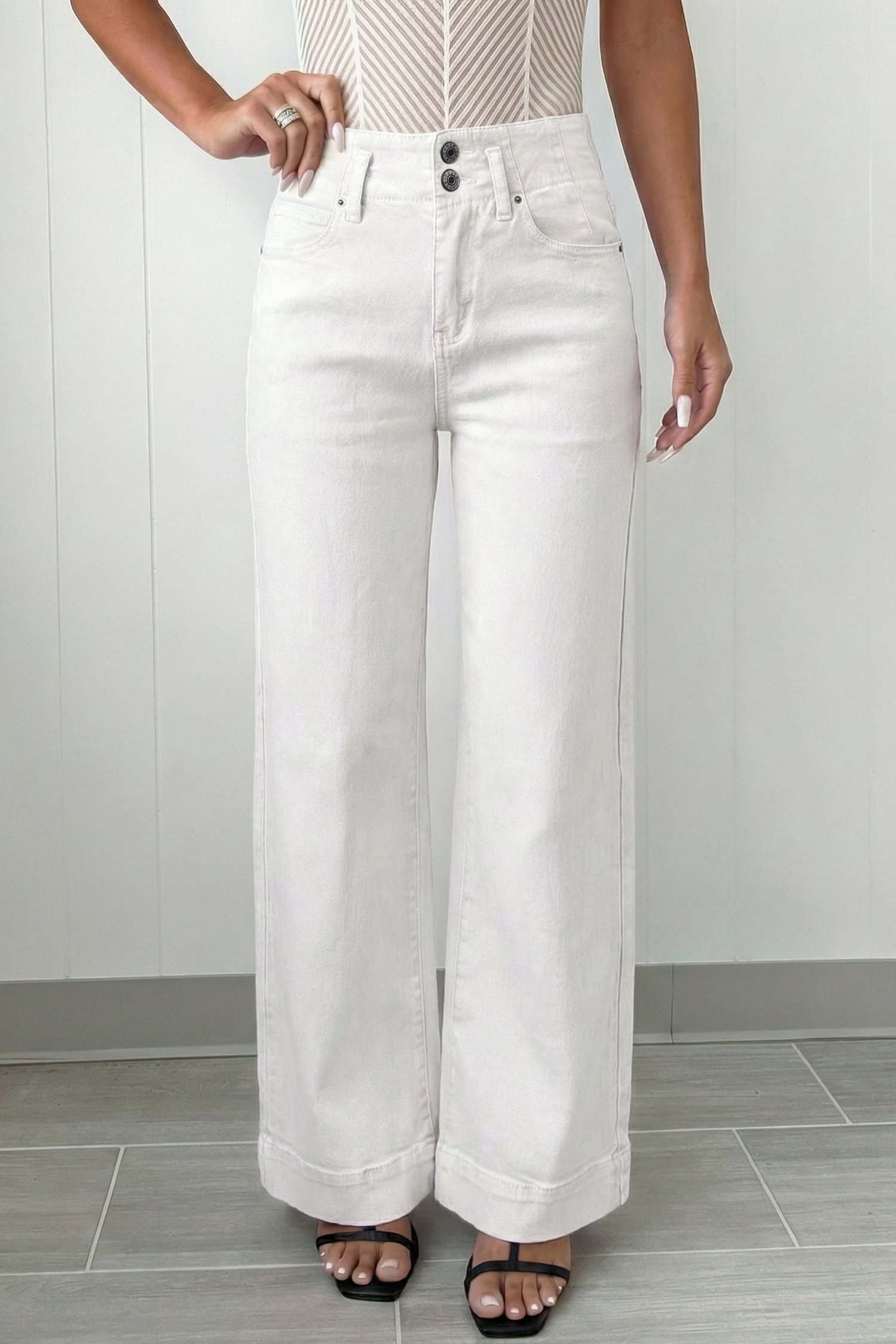 White 2-Button High Waist Wide Leg Jeans view 3