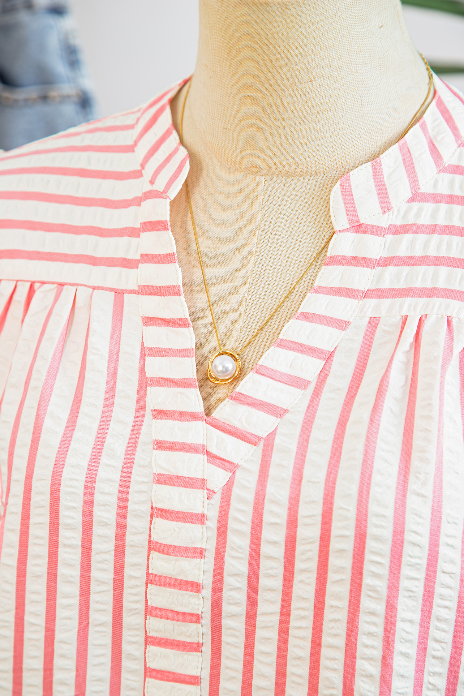 Pink Stripe Print Floral Embroidered Puff Sleeve V Neck Blouse view 13