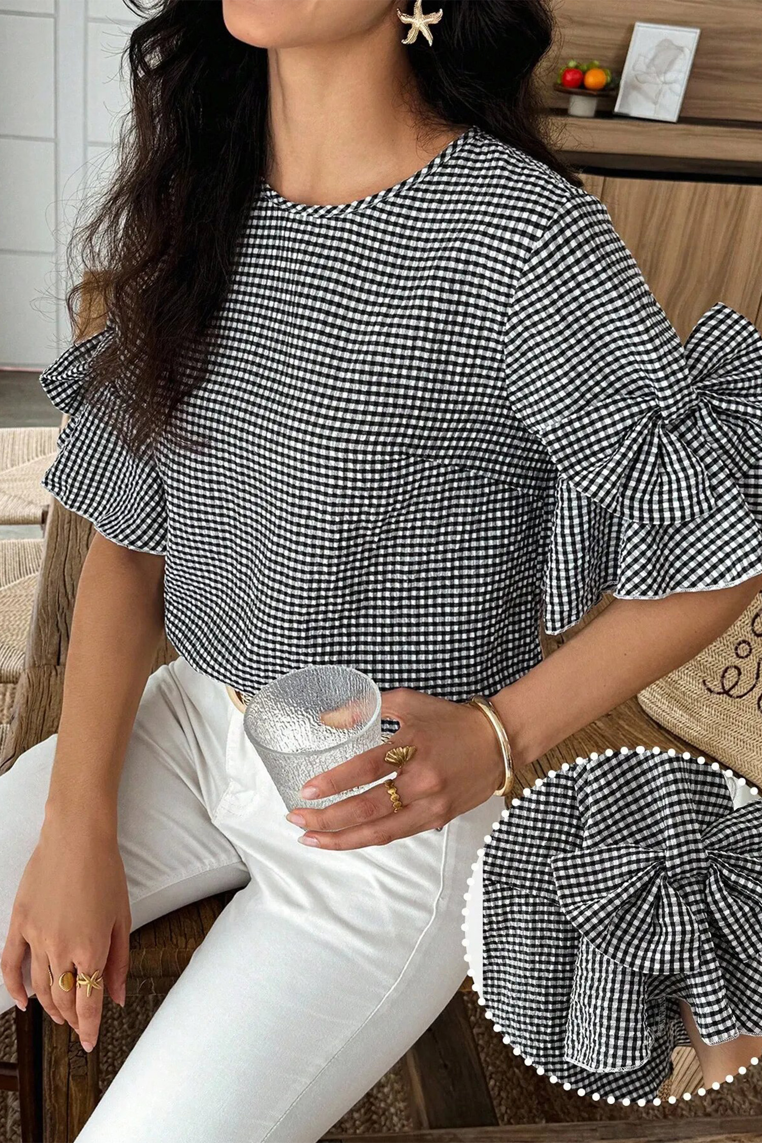 Black Plaid Bow Ruffled Half Sleeve Round Neck Blouse view 9