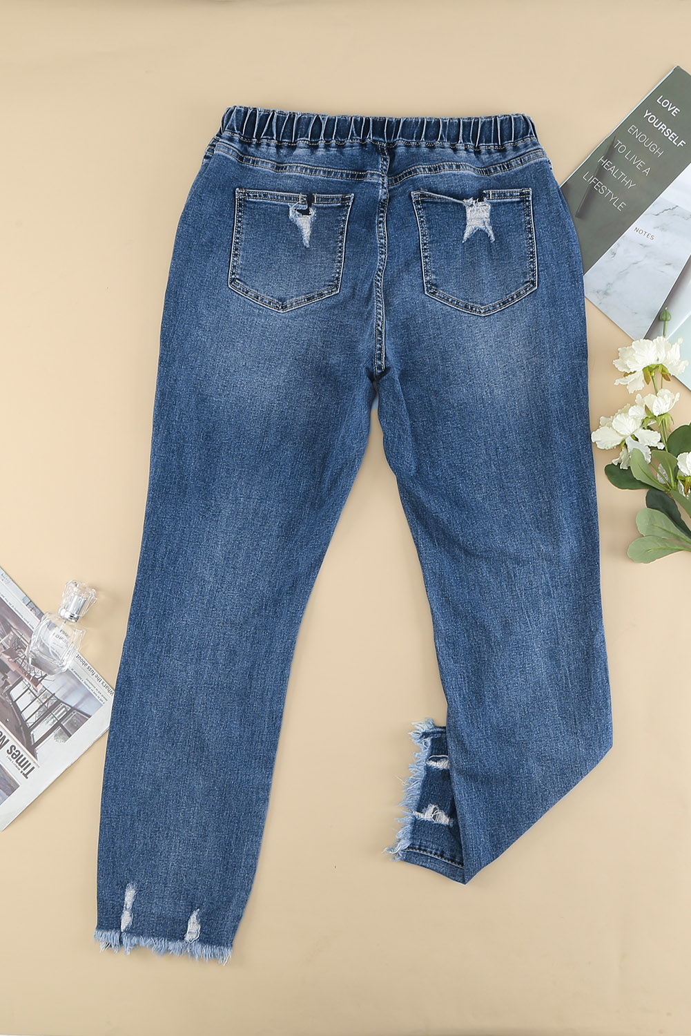 Dark Blue Elastic Waist Straight Leg Destroyed Raw Hem Jeans view 15