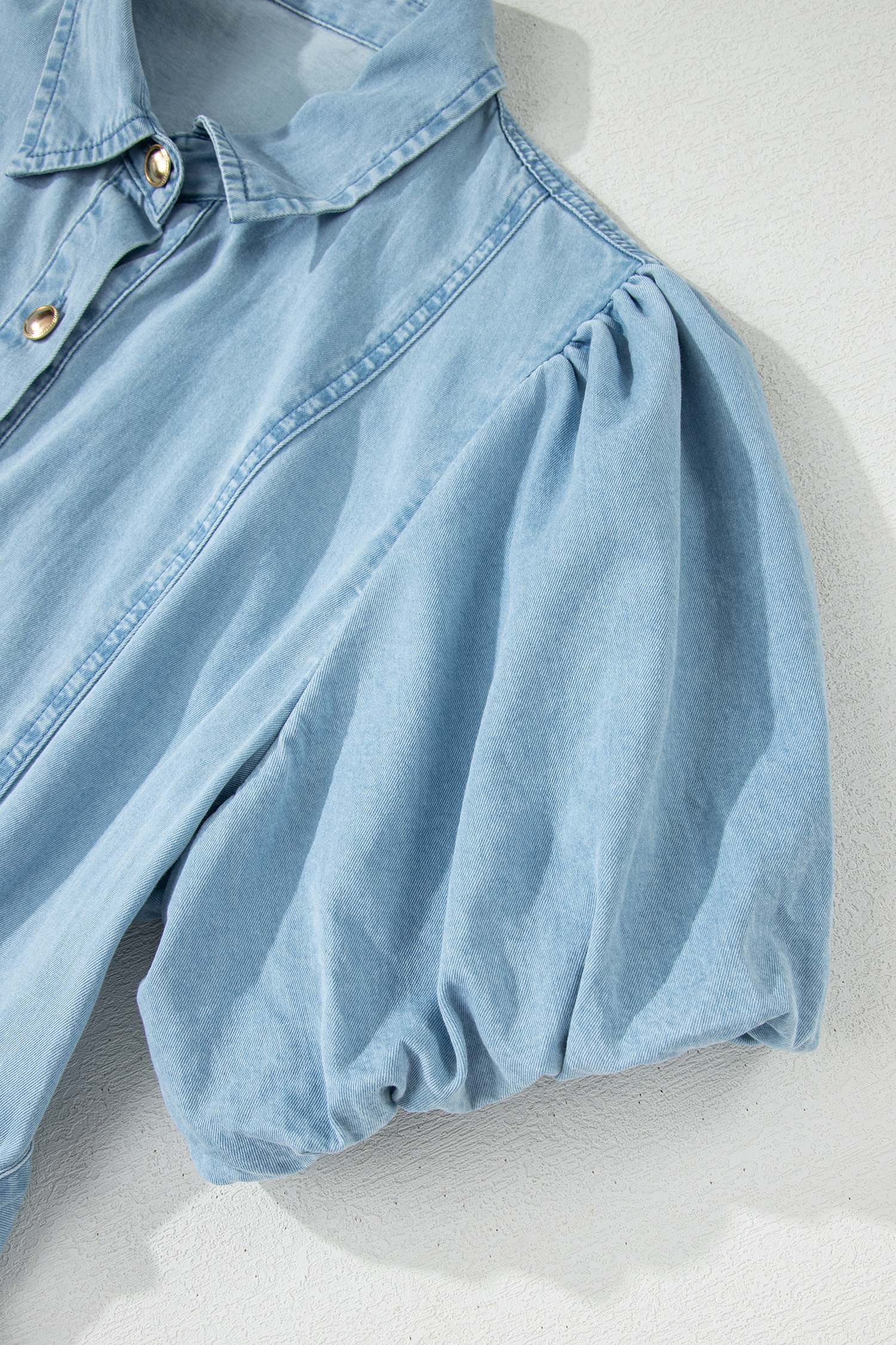 Beau Blue Full Buttons Collared Short Bubble Sleeve Long Denim Dress view 16