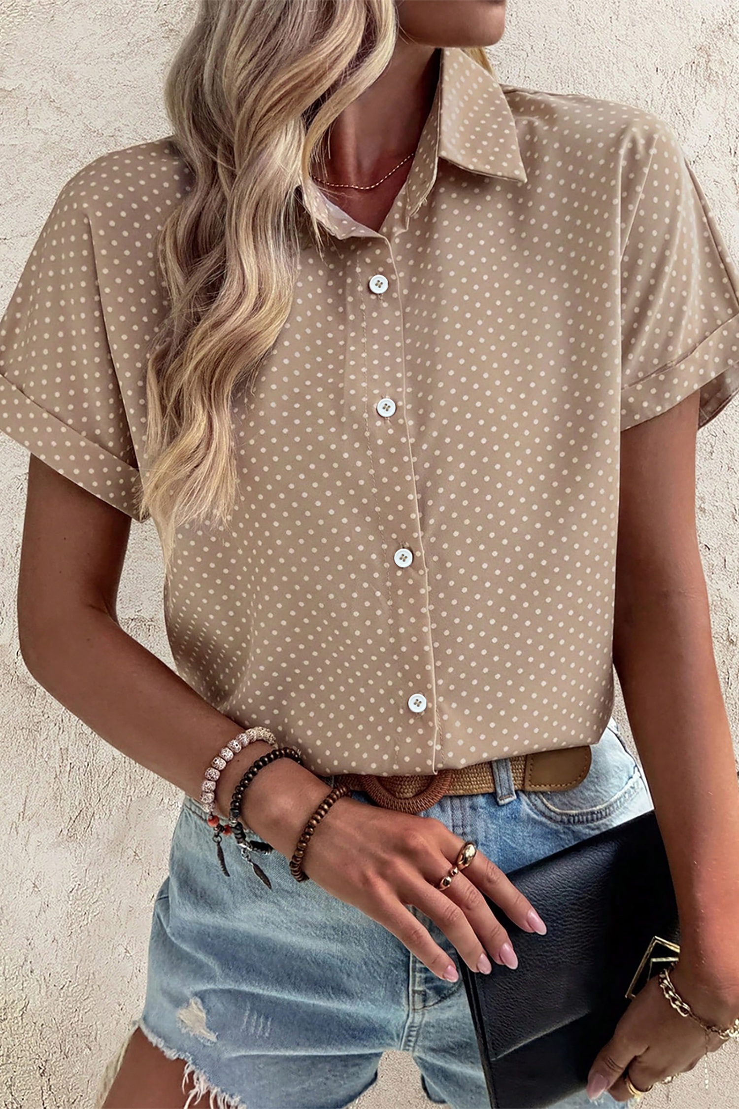 Khaki Dotted Print Cuffed Short Sleeve Shirt view 13