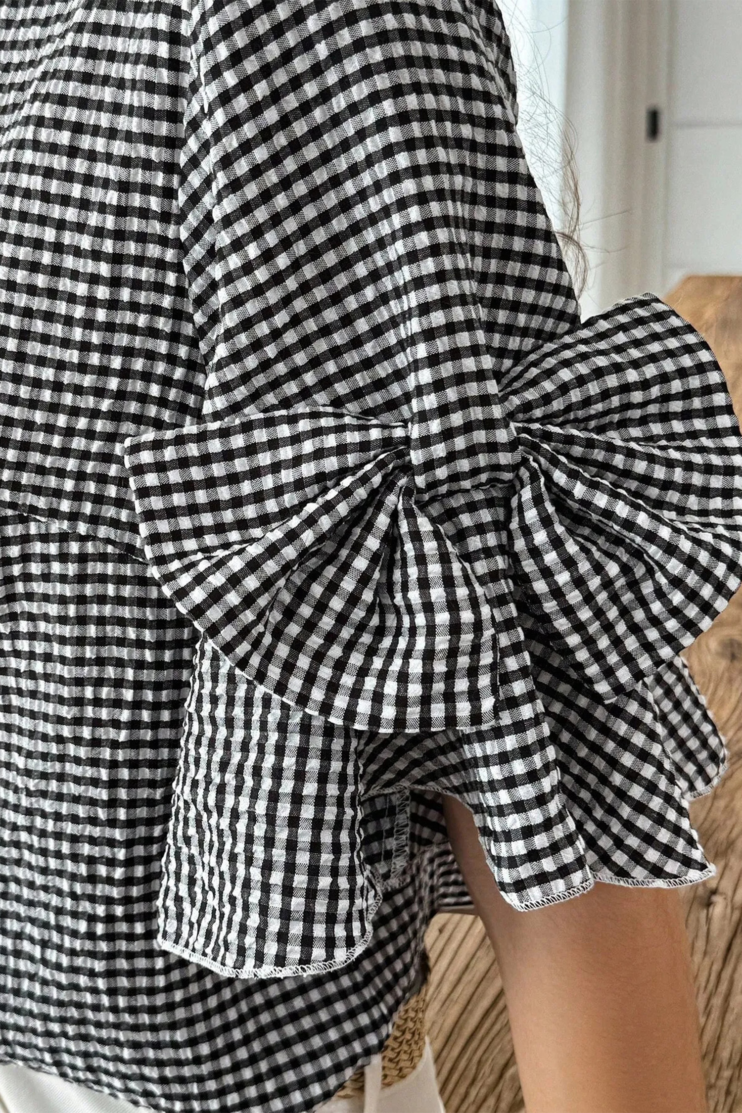 Black Plaid Bow Ruffled Half Sleeve Round Neck Blouse view 12
