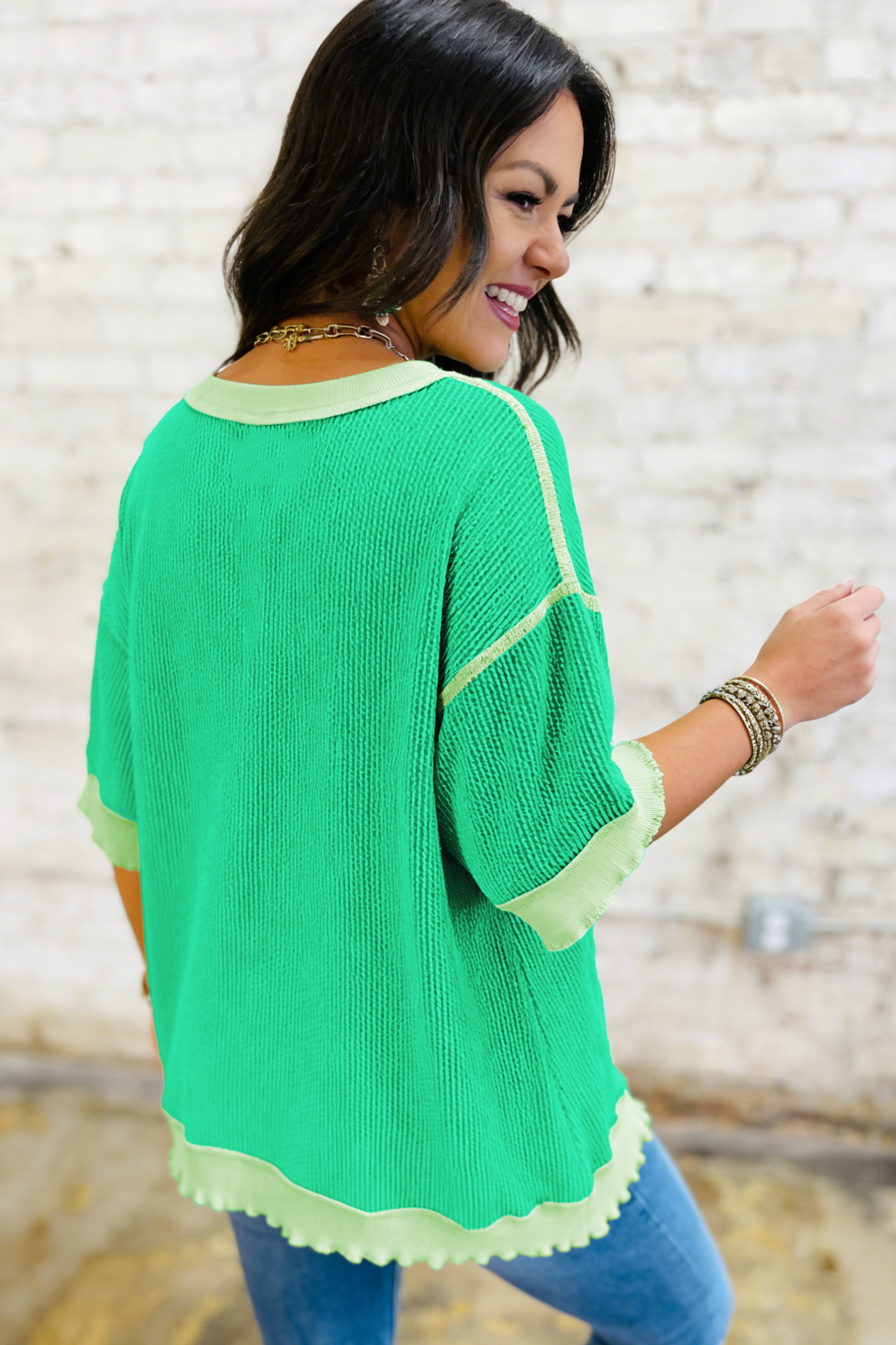Mint Green Loose Uneven Hem Twist Ribbed T Shirt view 2