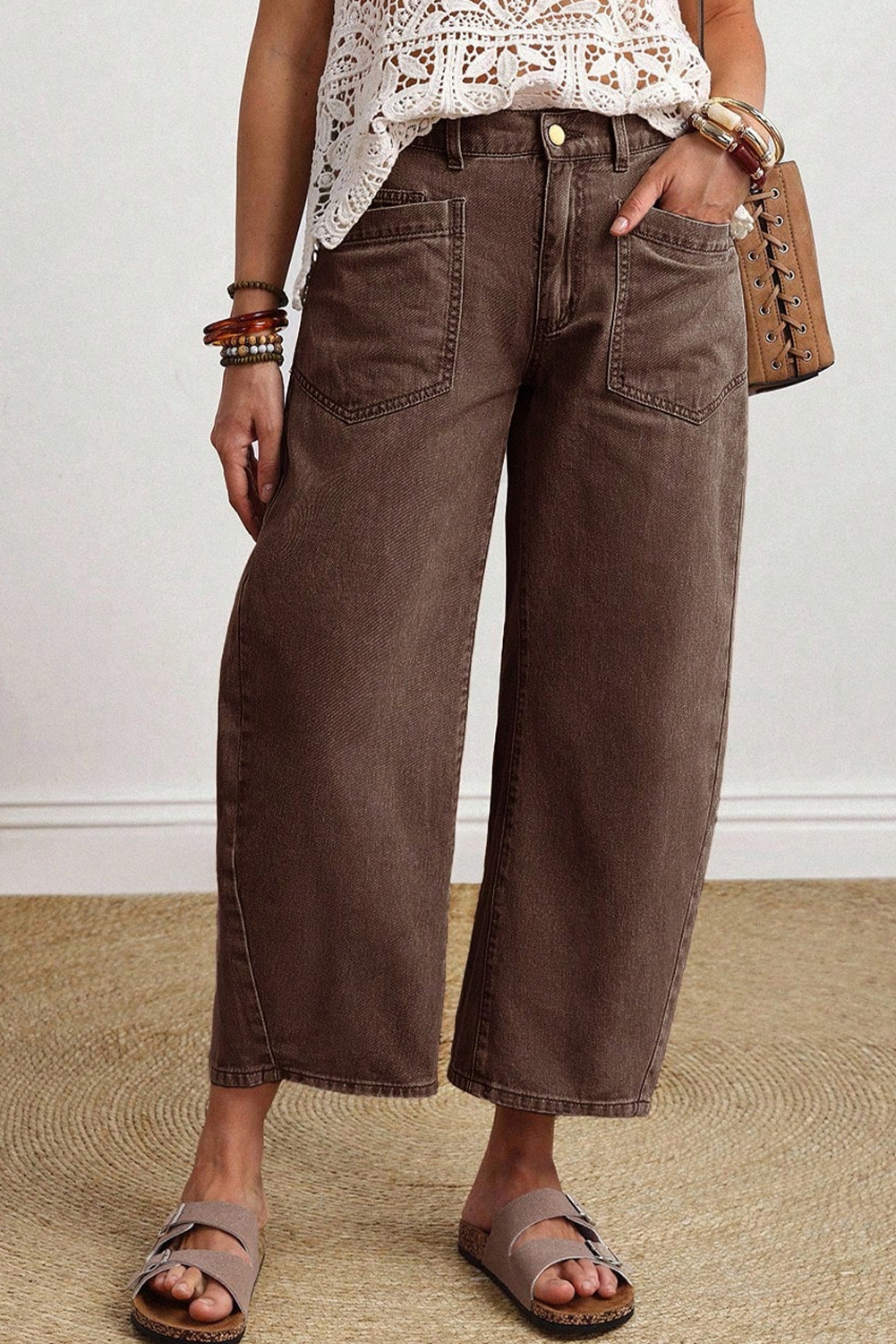 Coffee Solid Color Square Patch Pocket Ankle-length Barrel Jeans view 7