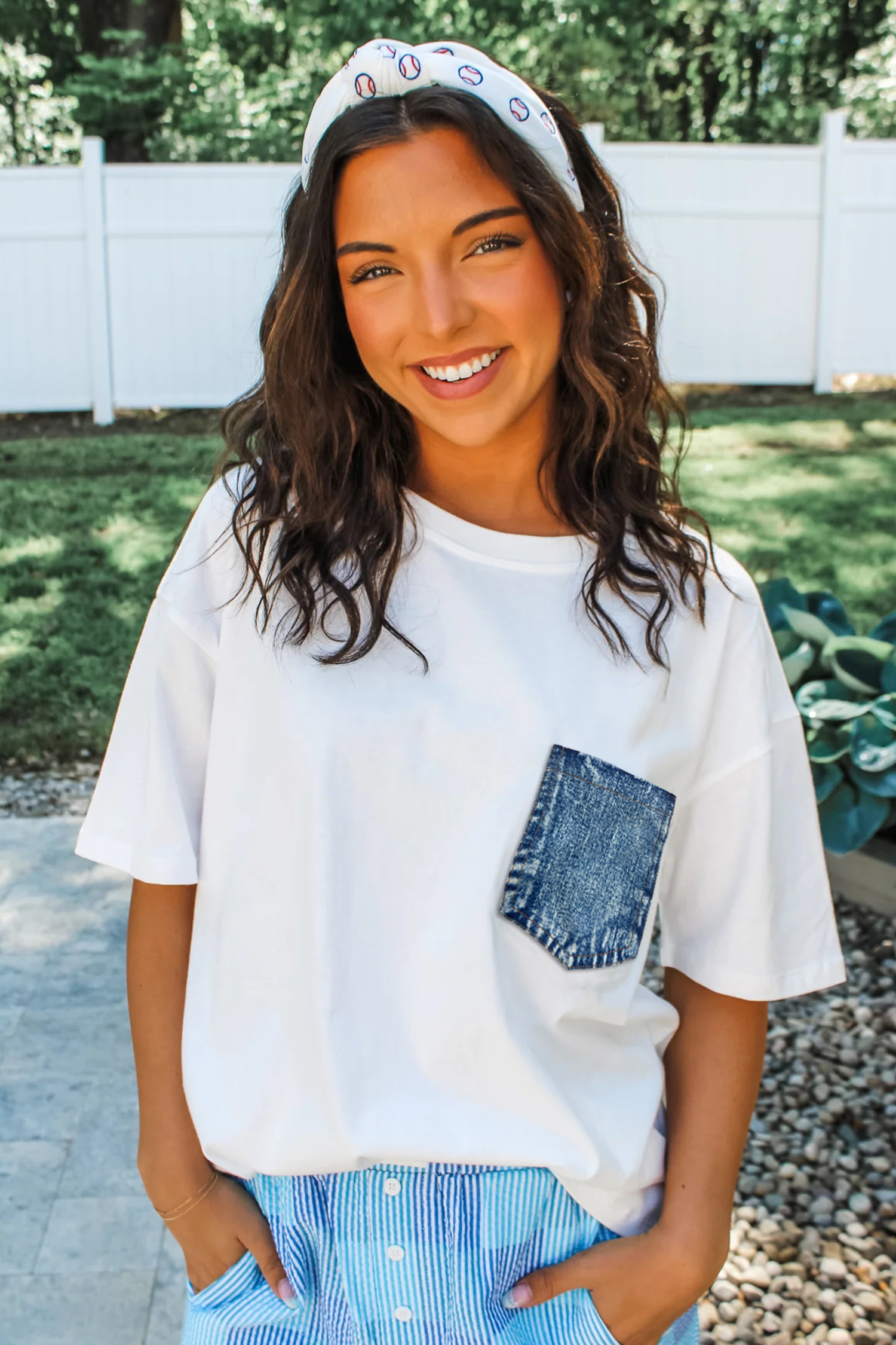 White Color Block Chest Pocket Patched Casual Short Sleeve Top view 4
