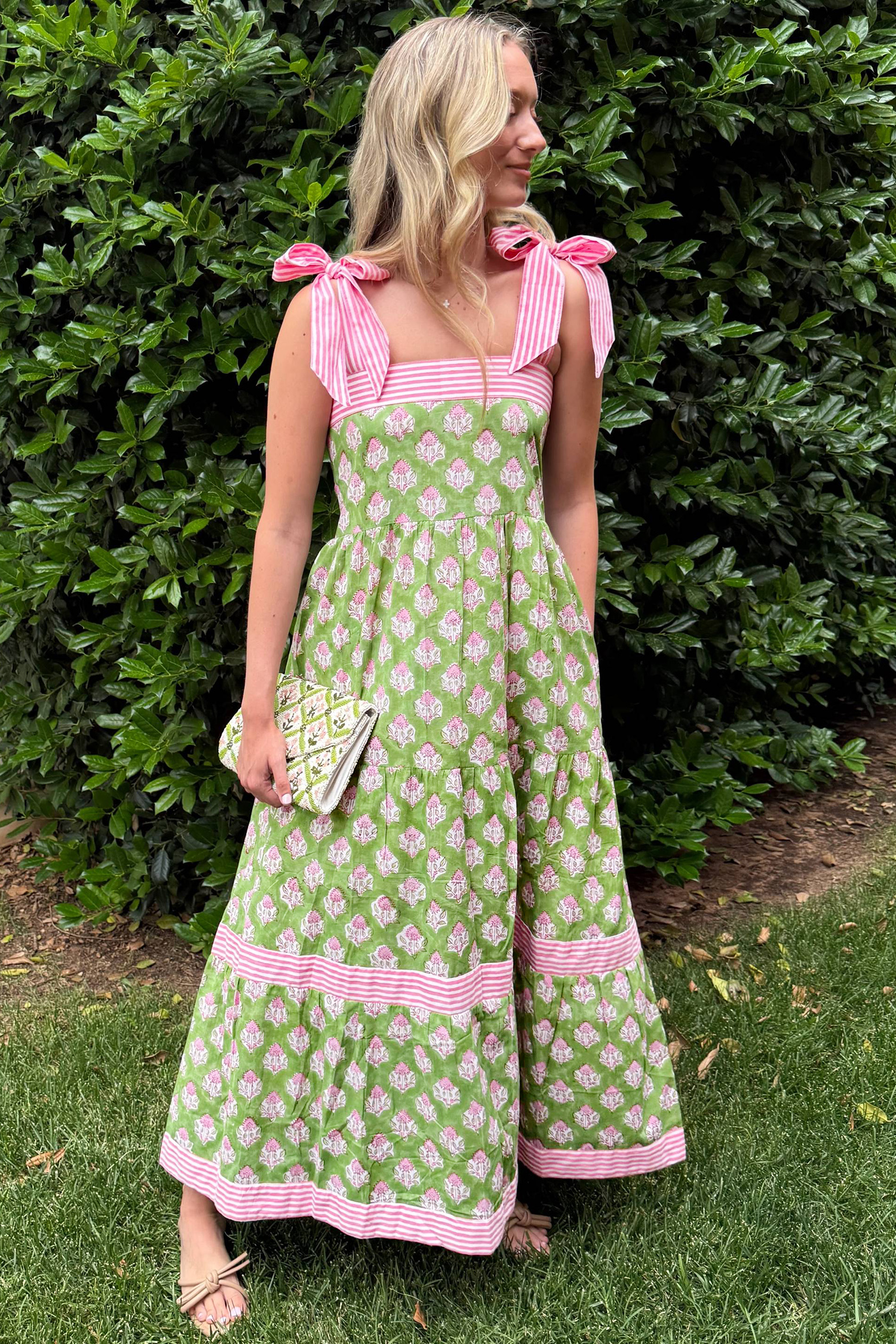 Green Floral Print Striped Detail Knot Straps Maxi Dress view 7