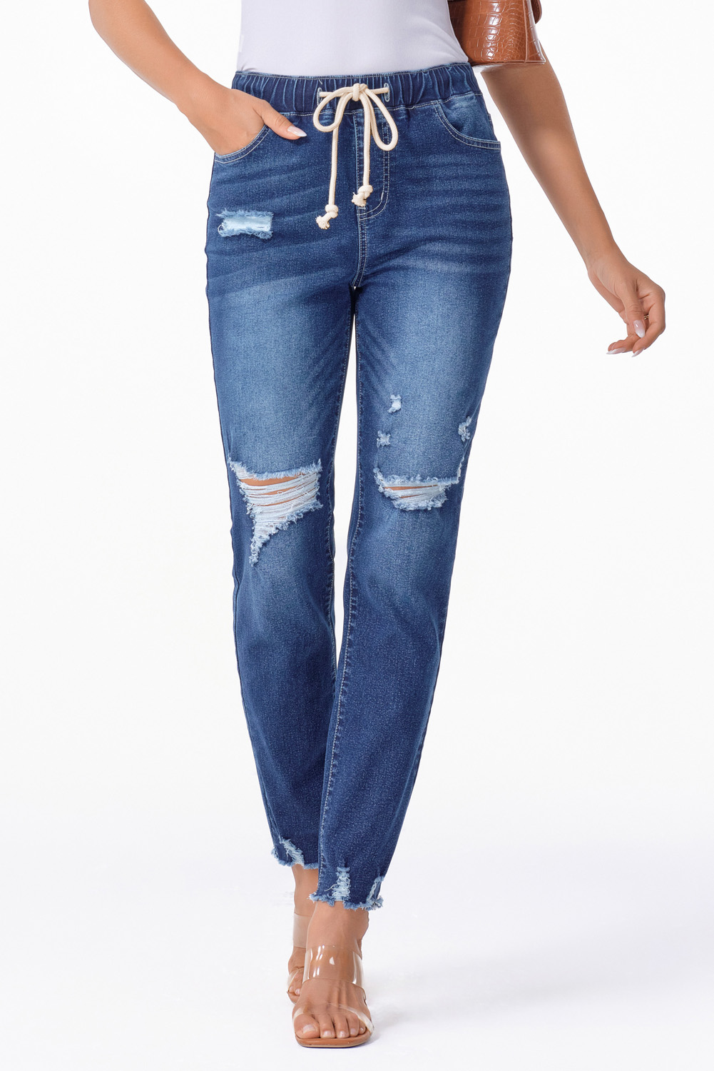 Dark Blue Elastic Waist Straight Leg Destroyed Raw Hem Jeans view 13