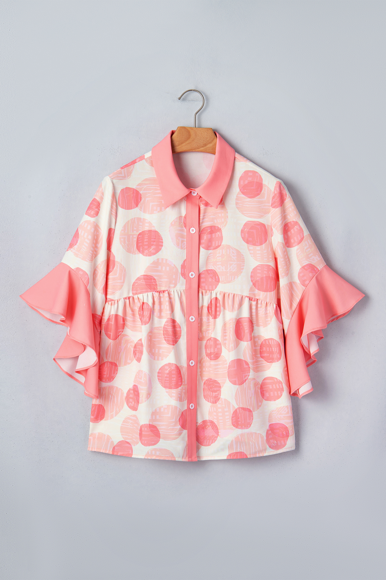 Pink Double Polka Dot Printed Ruffle Trim Short Sleeve Babydoll Shirt view 17
