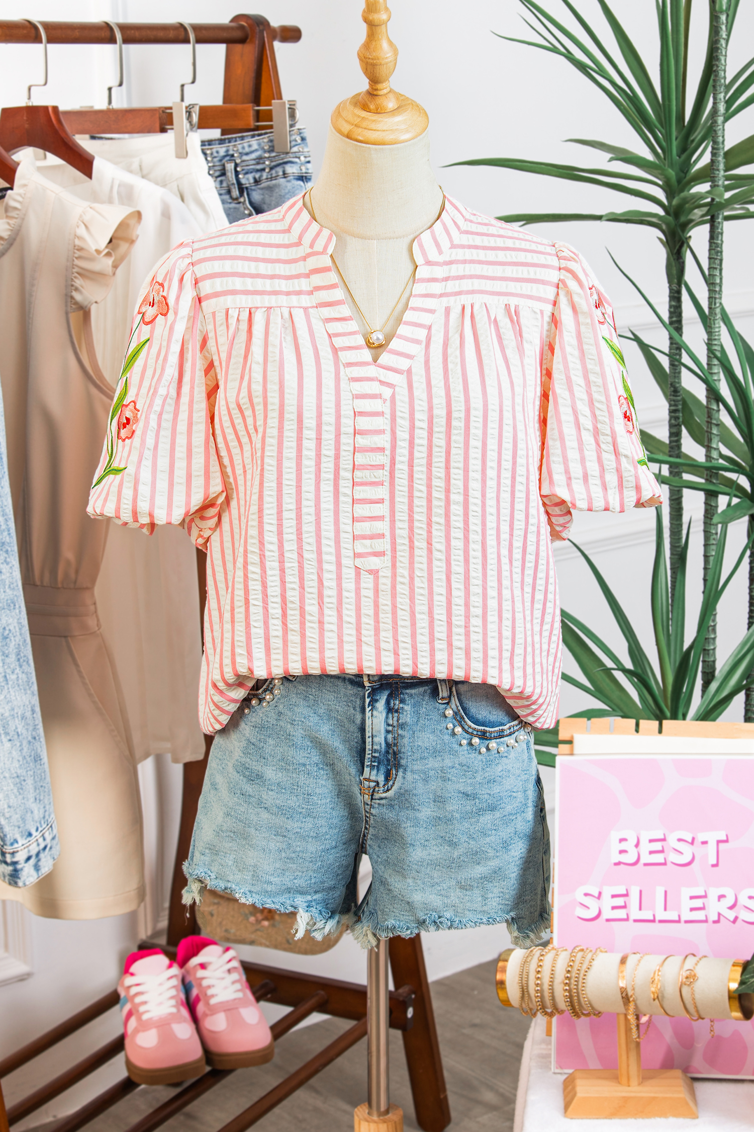 Pink Stripe Print Floral Embroidered Puff Sleeve V Neck Blouse view 7