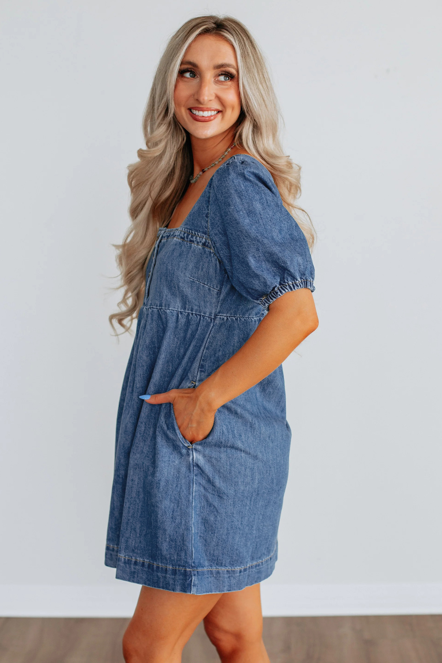 Prussian Blue Button Square Neck Short Puff Sleeve Denim Mini Dress view 10