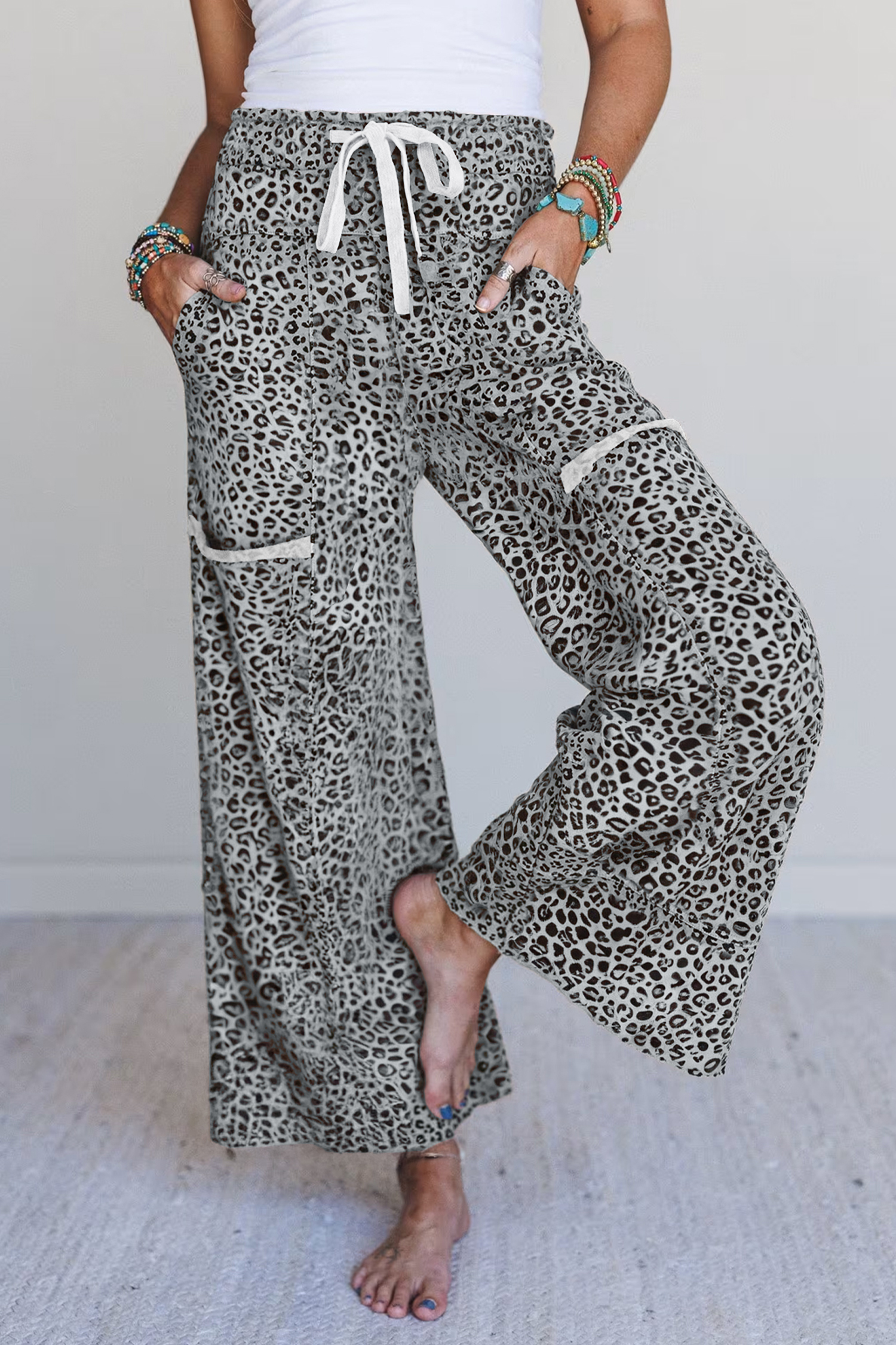 Gray Animal Print Wide Leg Terry Knit Pants view 6