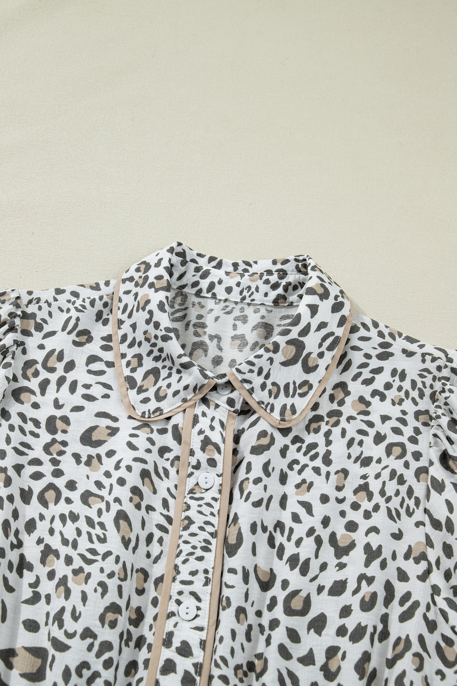 White Leopard Contrast Trim Button Front Short Puff Sleeve Long Dress view 16