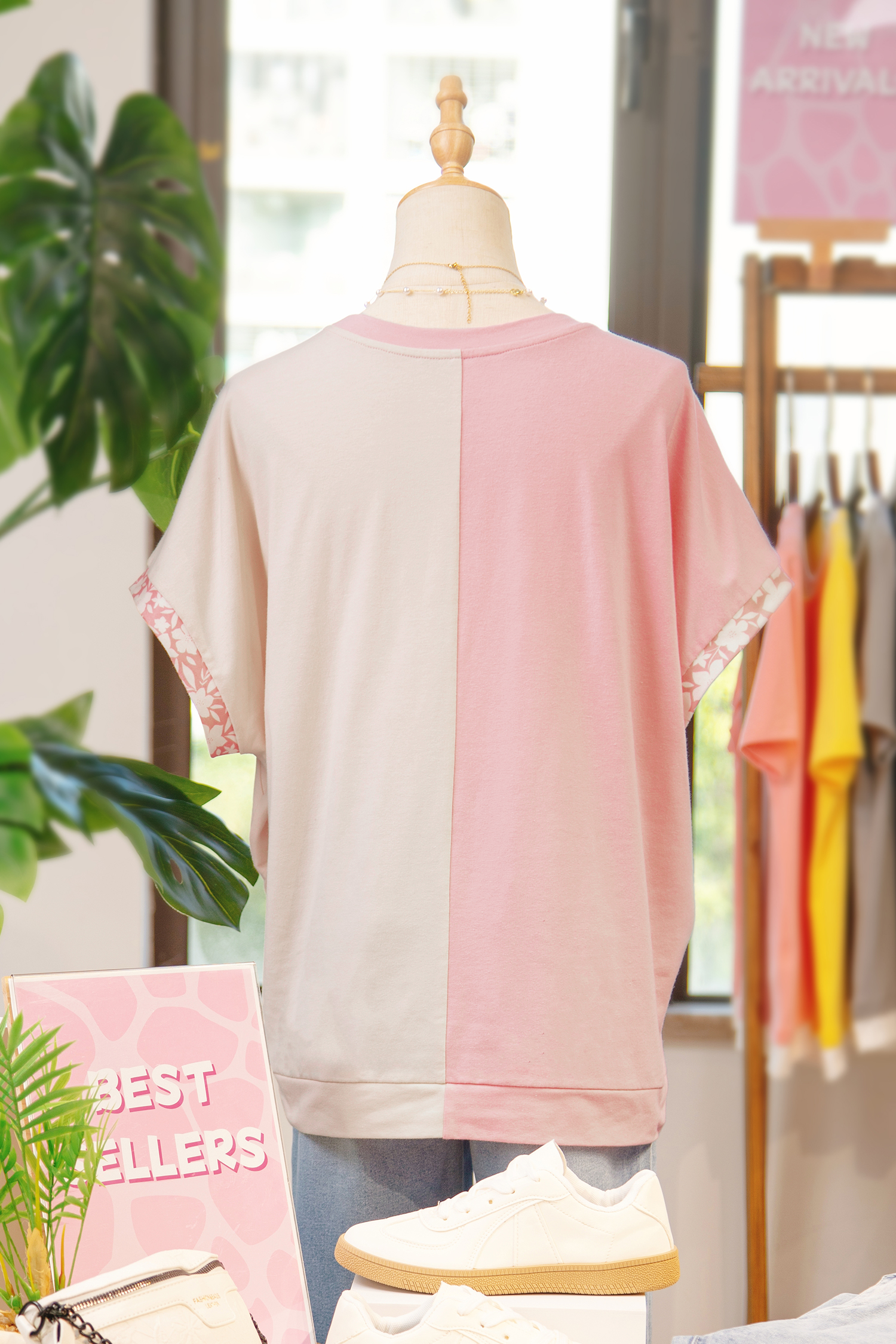 Apricot Color Block Flower Patched Loose T Shirt view 5