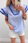 Beau Blue Eyelet Embroidered Flower Texture Contrast Lace Trim Flutter Sleeve Blouse
