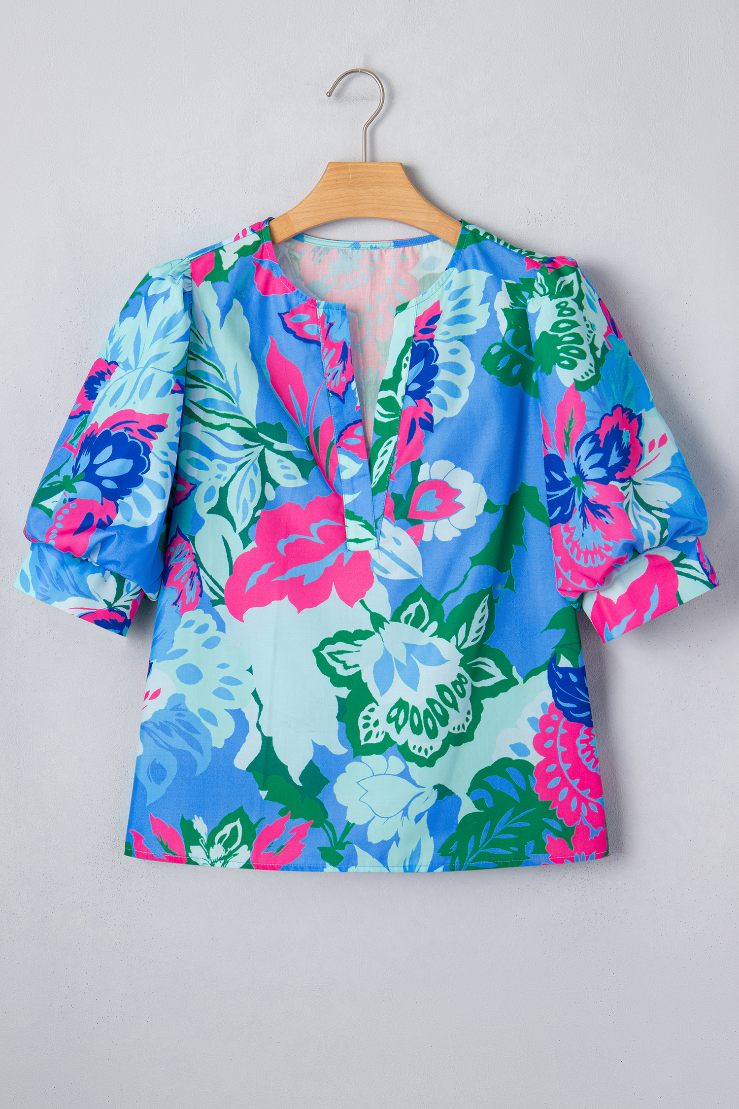 Sky Blue Floral Print V Neck Half Sleeve Blouse view 12