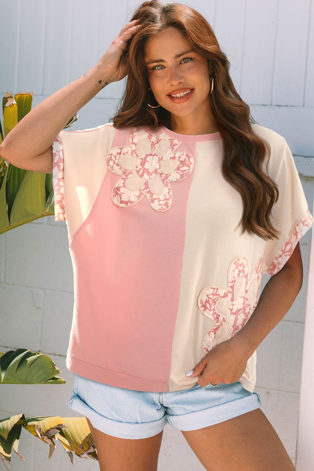Apricot Color Block Flower Patched Loose T Shirt view 2