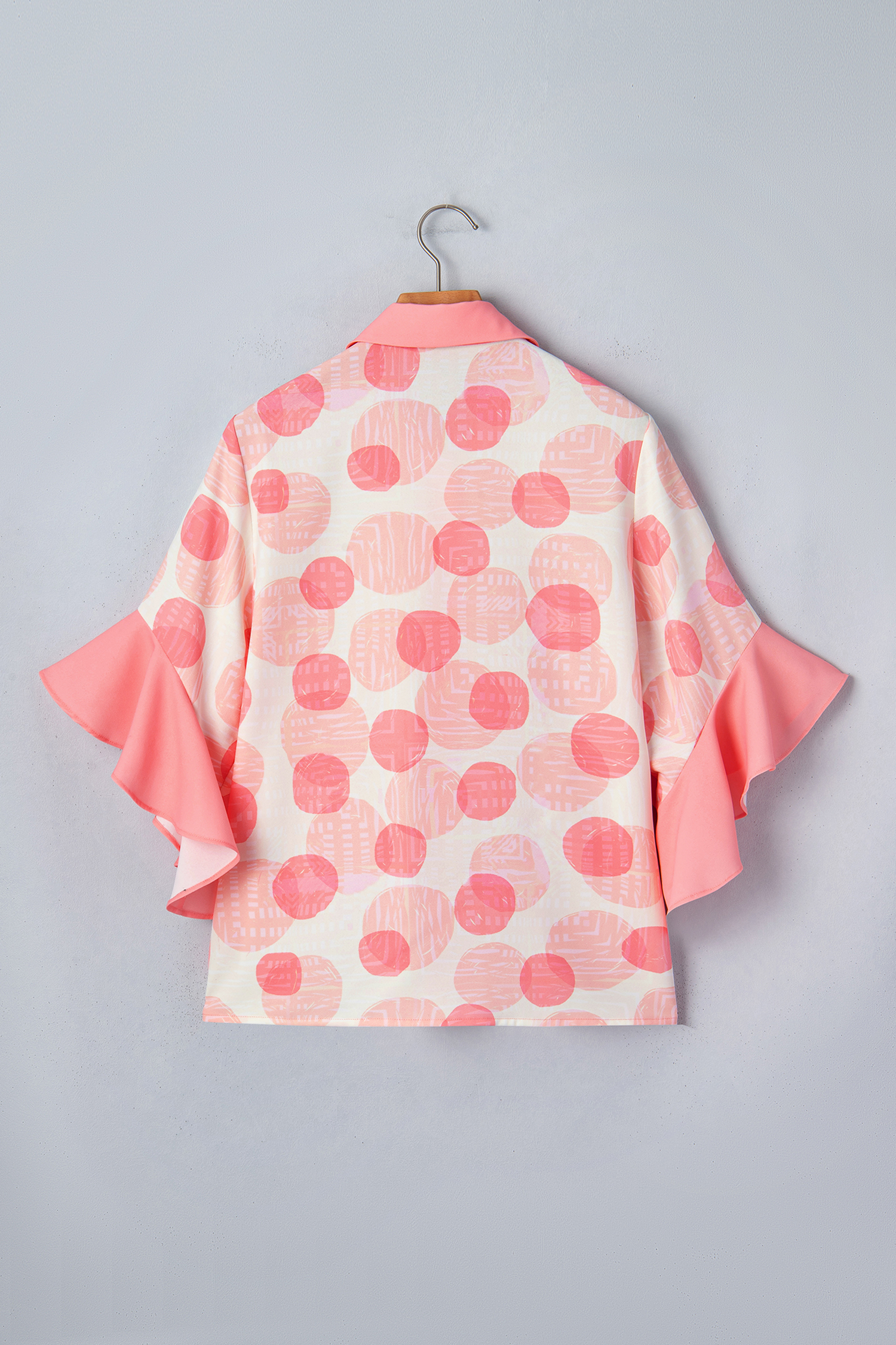 Pink Double Polka Dot Printed Ruffle Trim Short Sleeve Babydoll Shirt view 18