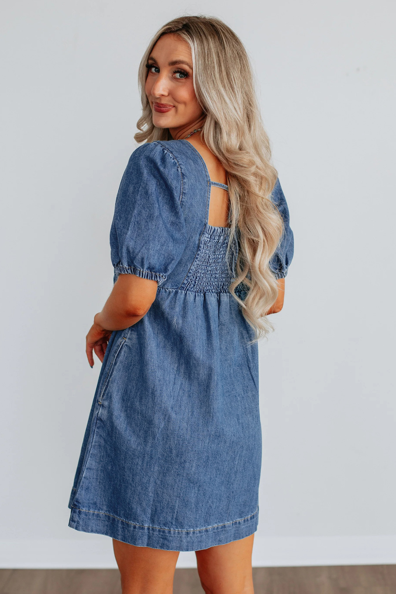 Prussian Blue Button Square Neck Short Puff Sleeve Denim Mini Dress view 7