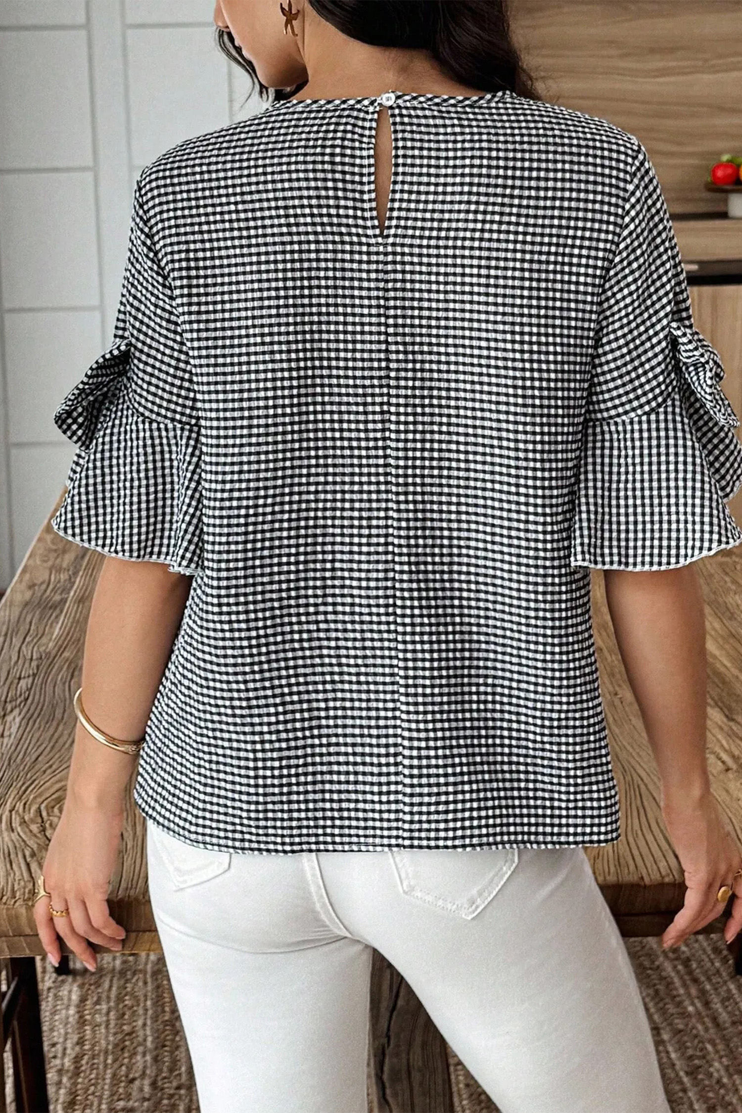 Black Plaid Bow Ruffled Half Sleeve Round Neck Blouse view 10