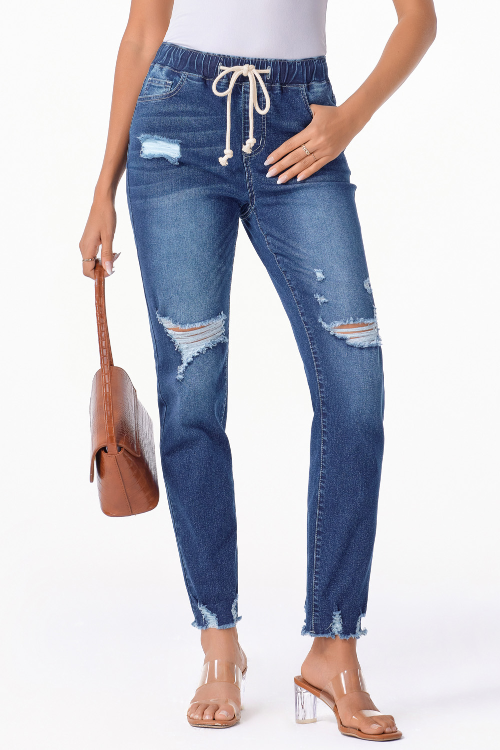 Dark Blue Elastic Waist Straight Leg Destroyed Raw Hem Jeans view 9
