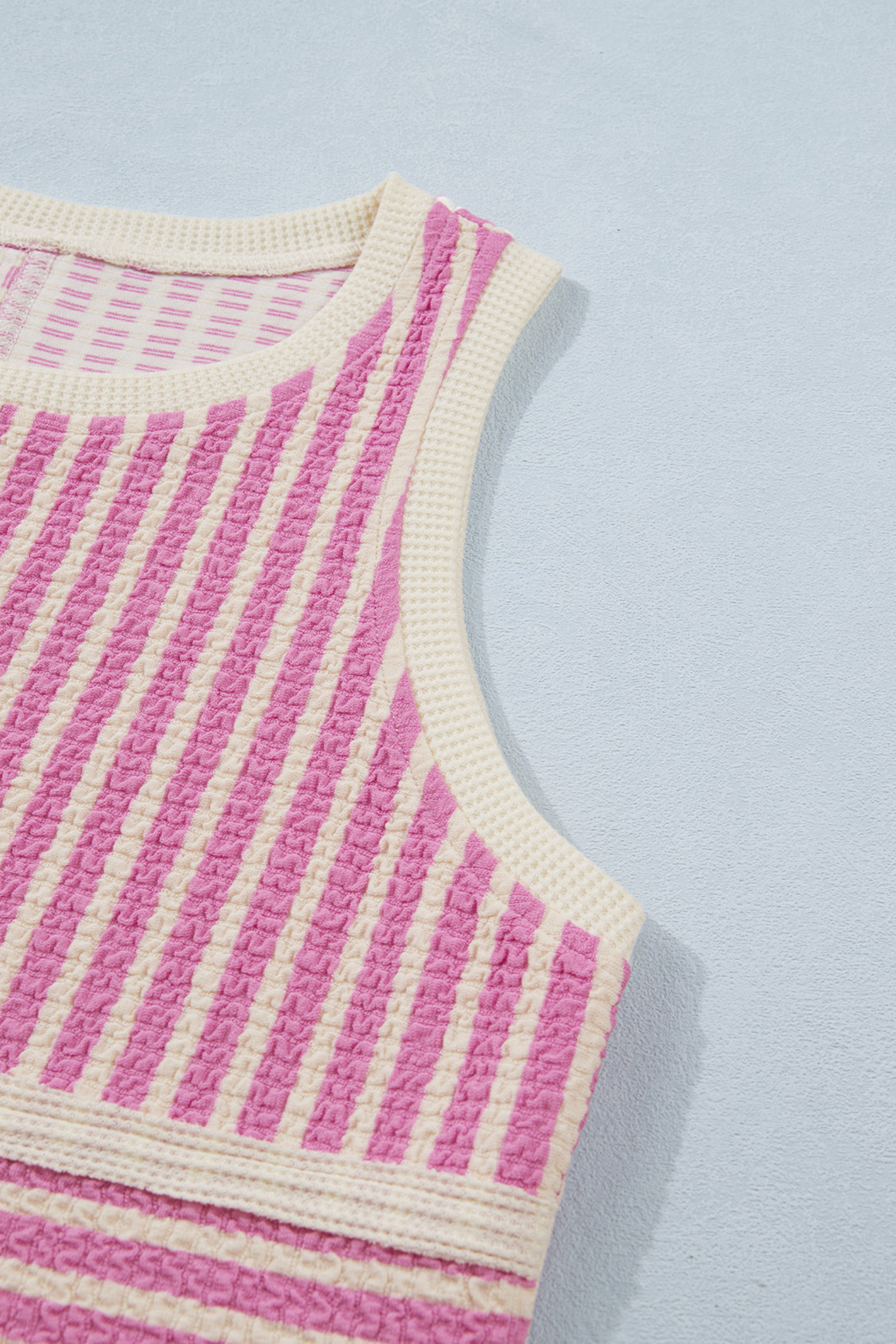 Pink Stripe Textured Contrast Trim Casual Tank and Shorts Set view 12