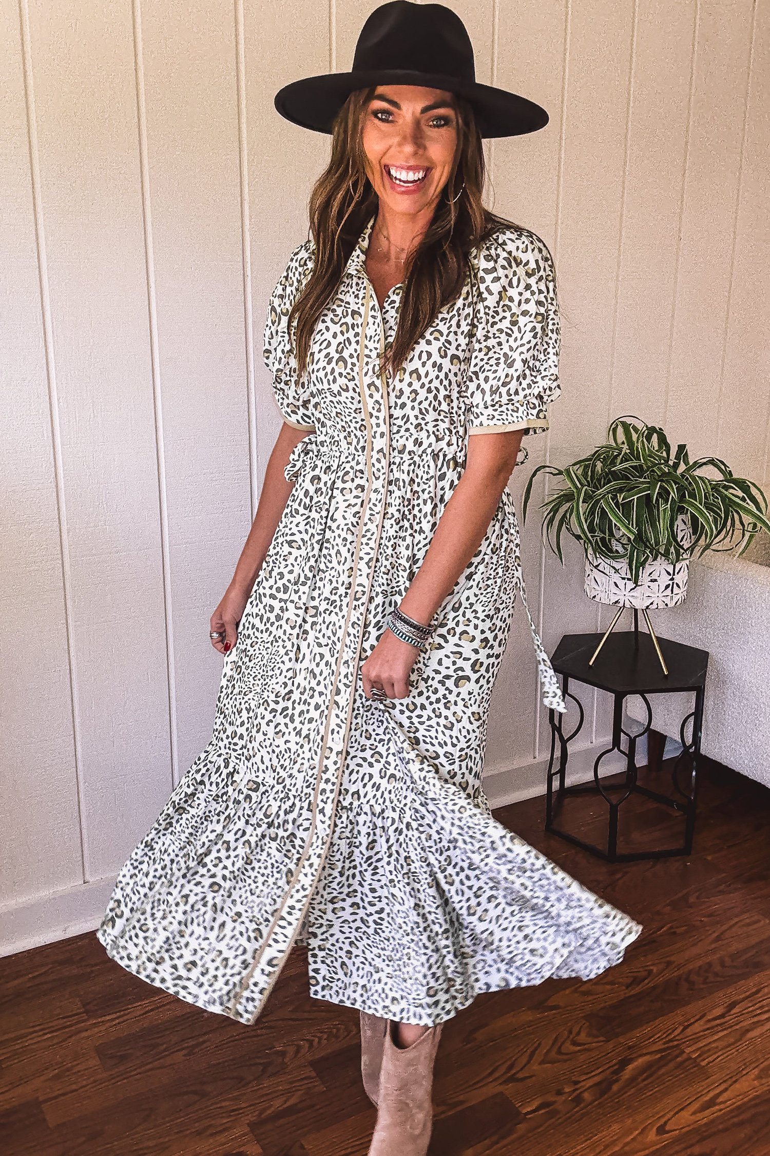 White Leopard Contrast Trim Button Front Short Puff Sleeve Long Dress view 13