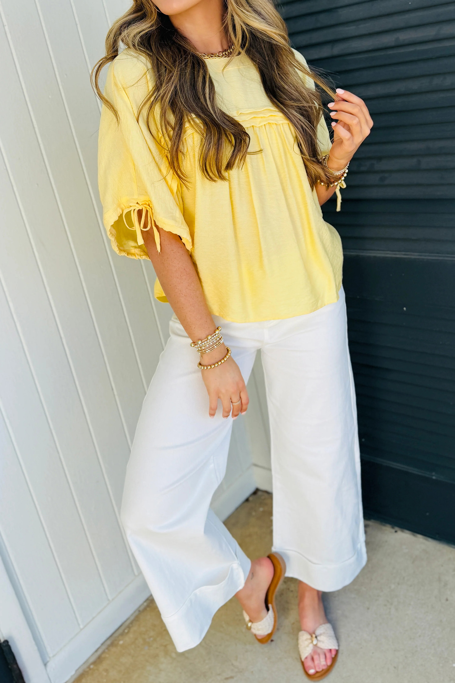 Yellow Cream Tie Half Sleeve Pleated Detail Babydoll Blouse view 6
