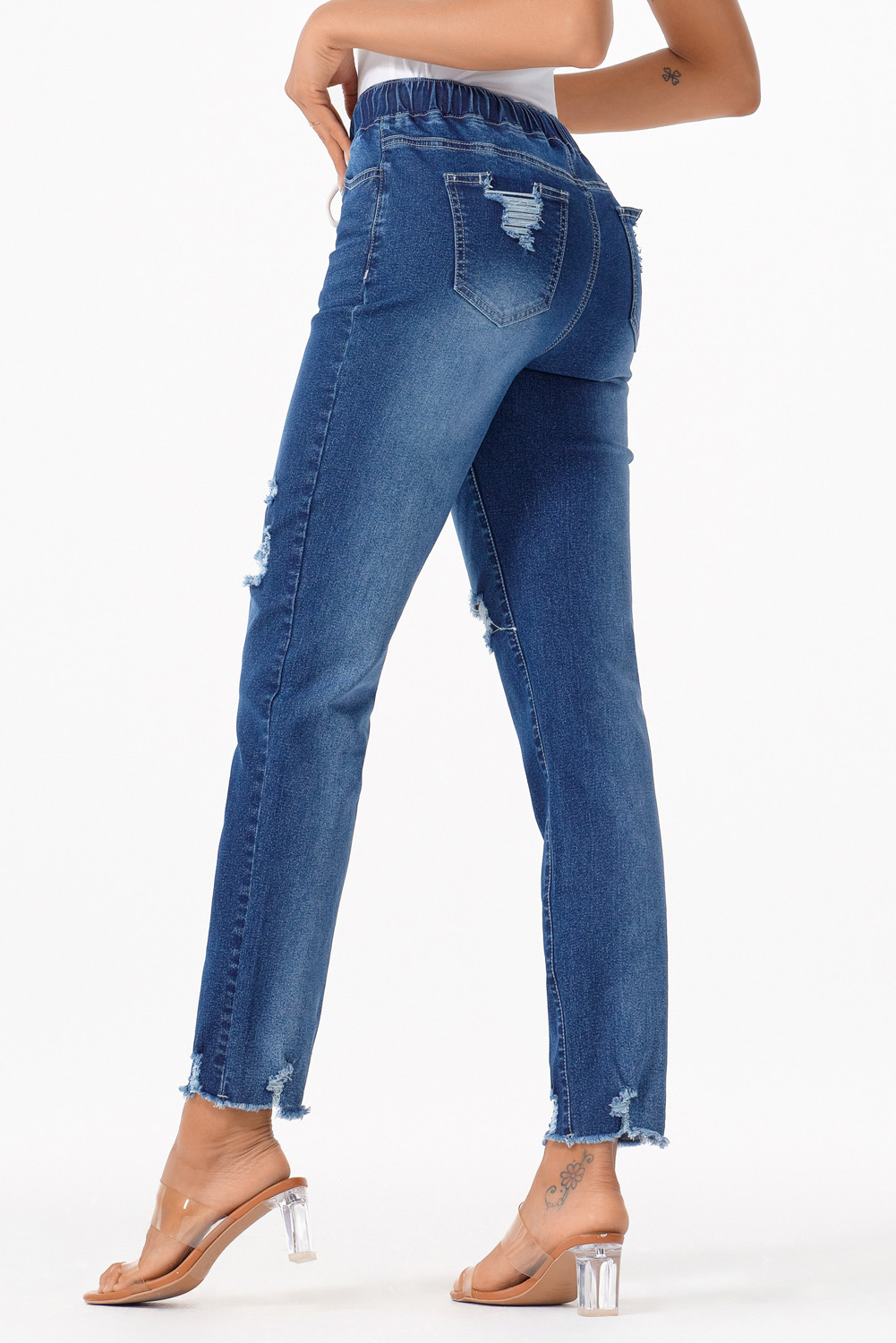 Dark Blue Elastic Waist Straight Leg Destroyed Raw Hem Jeans view 11