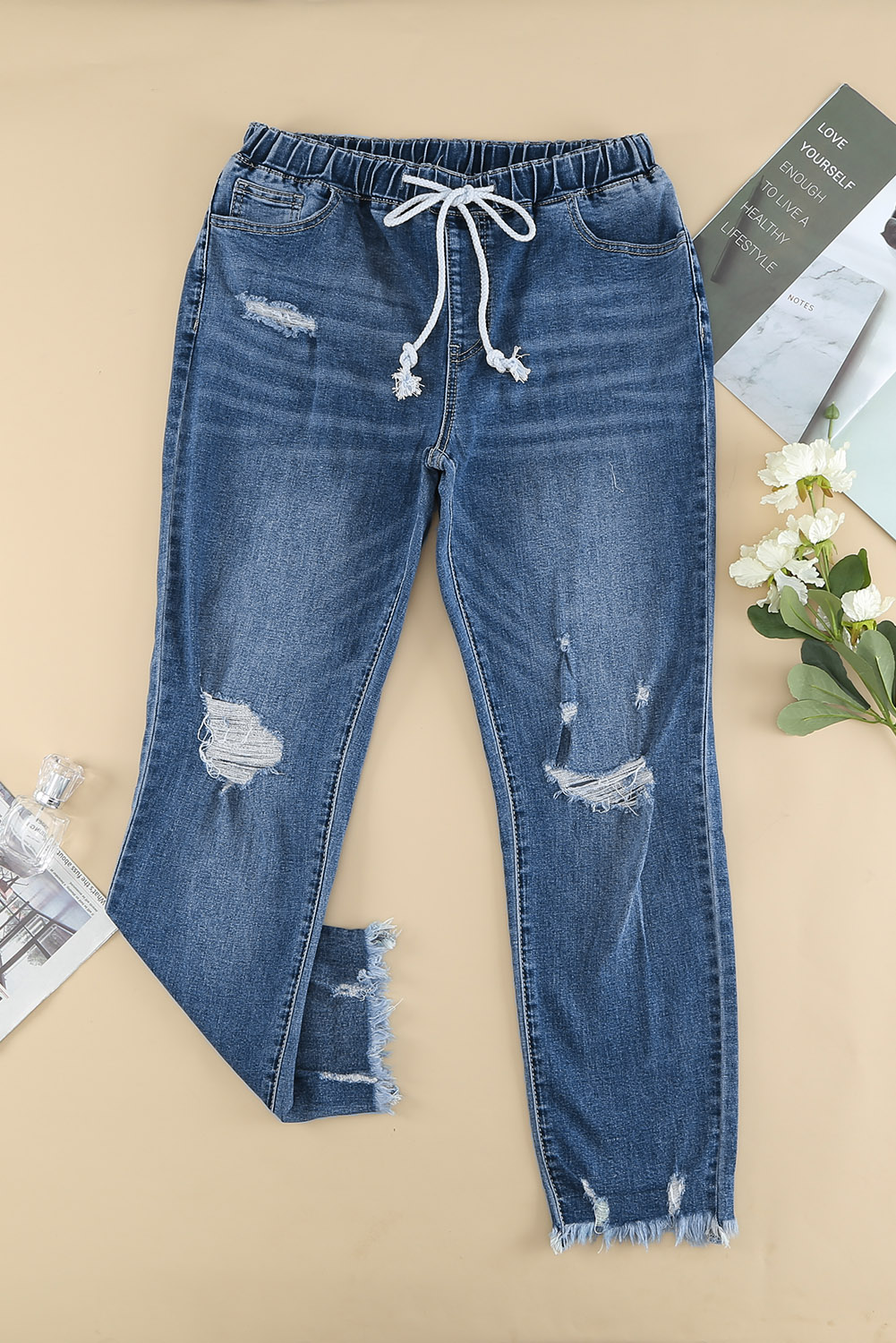 Dark Blue Elastic Waist Straight Leg Destroyed Raw Hem Jeans view 14