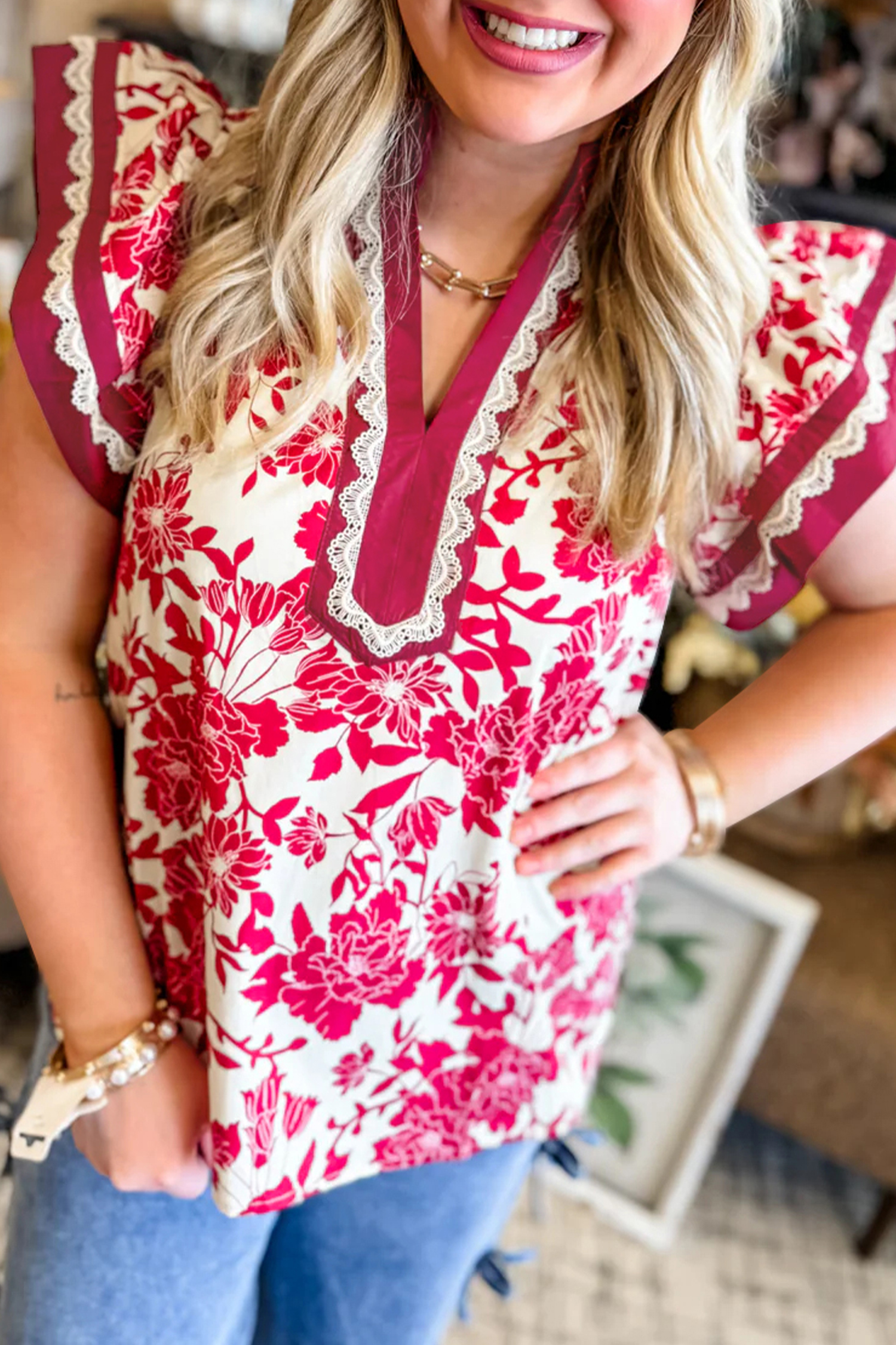 Red Floral Print Color Block Trim Lace Detail V Neck Flutter Sleeve Blouse view 9