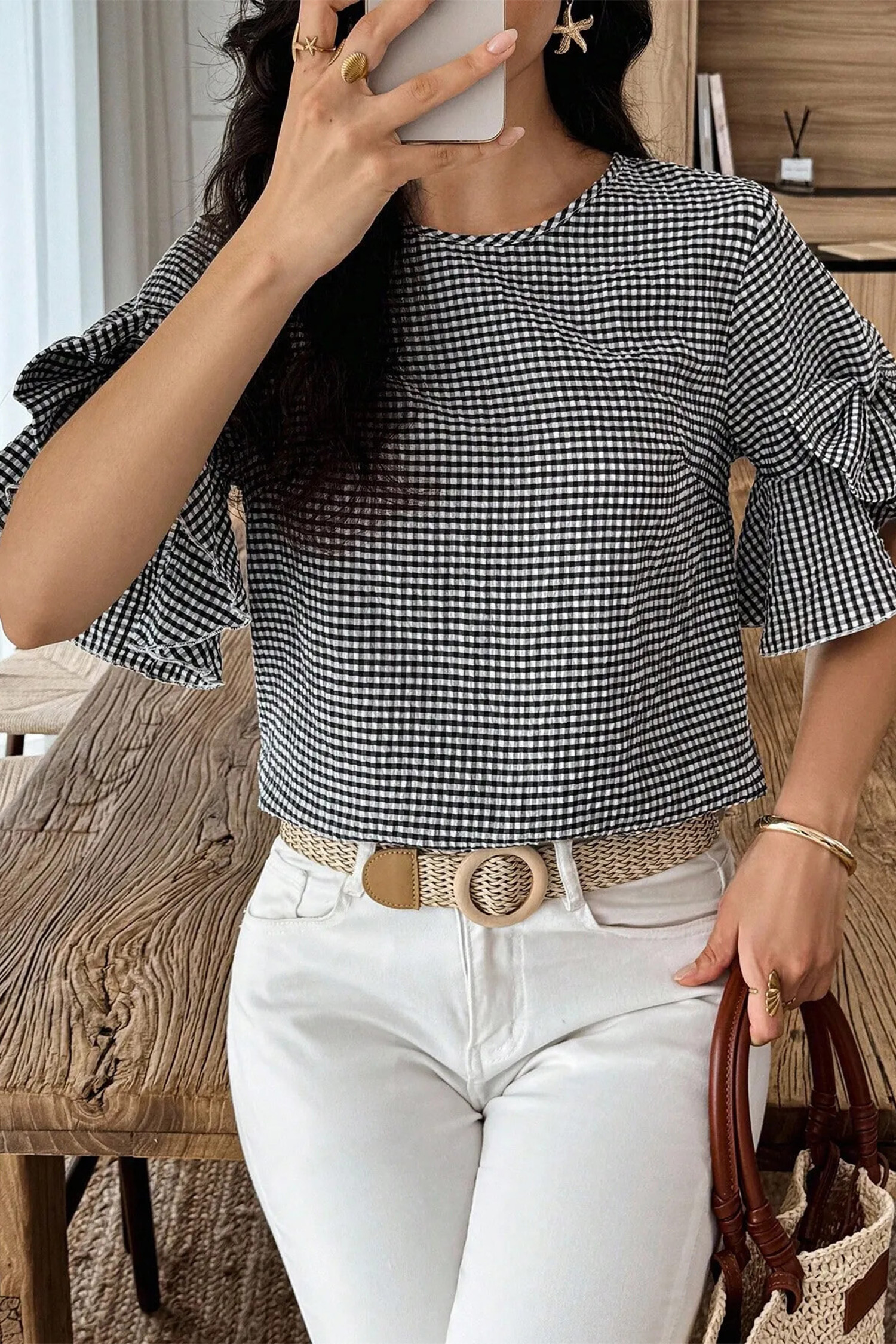 Black Plaid Bow Ruffled Half Sleeve Round Neck Blouse view 11
