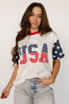Jet Stream Flag Print USA Graphic Patchwork Casual Tee