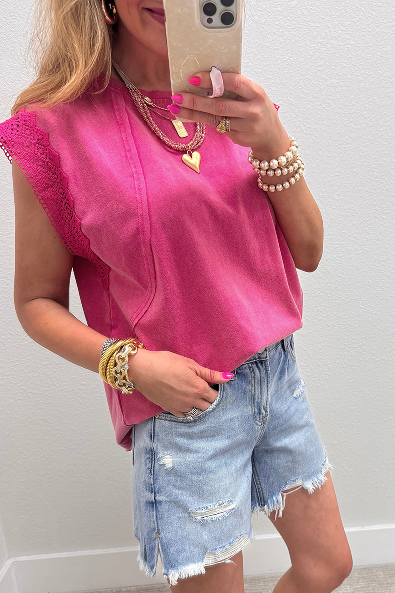 Pink Mineral Wash Raw Seam Detail Lace Trim Cap Sleeve Top view 12