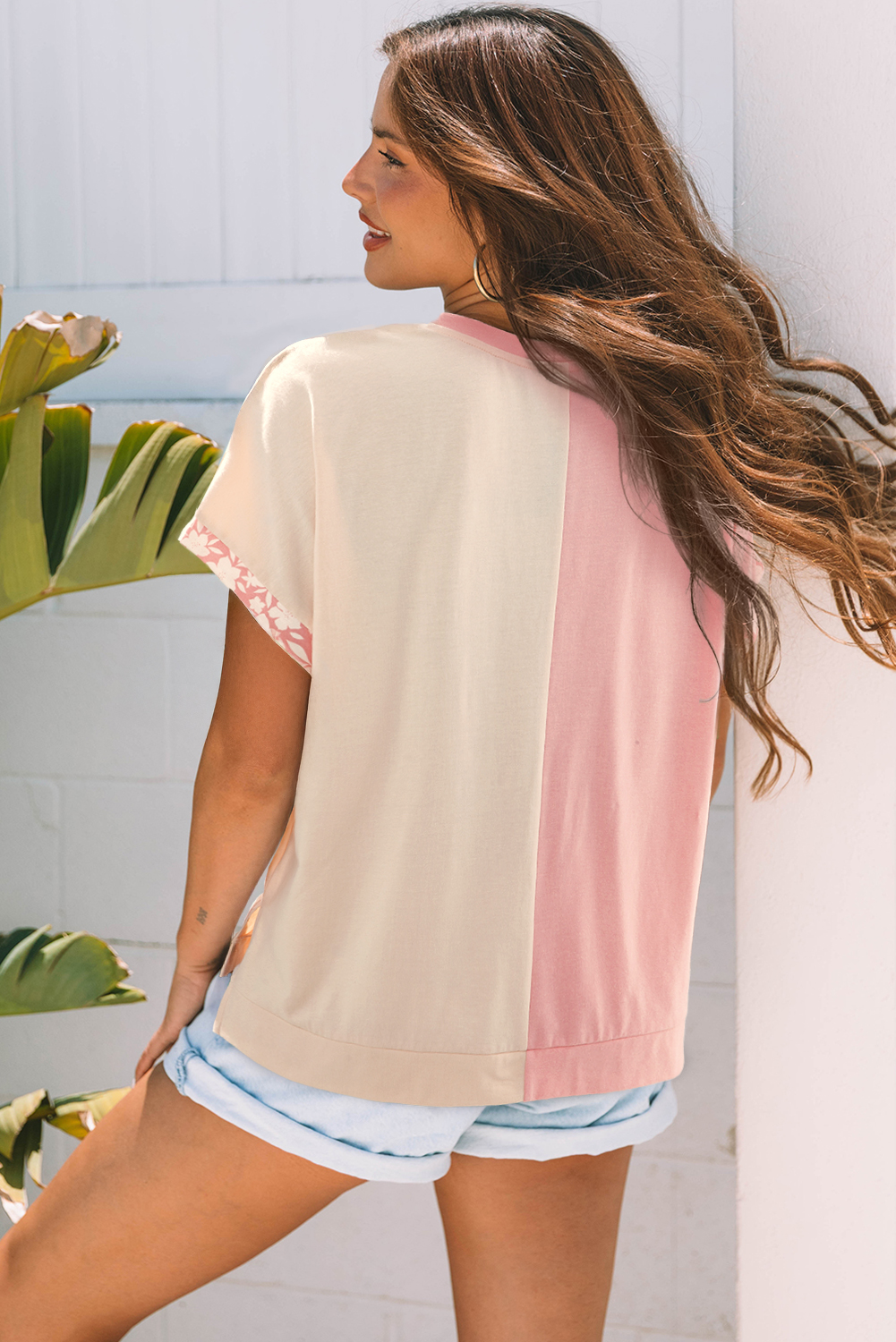 Apricot Color Block Flower Patched Loose T Shirt view 3