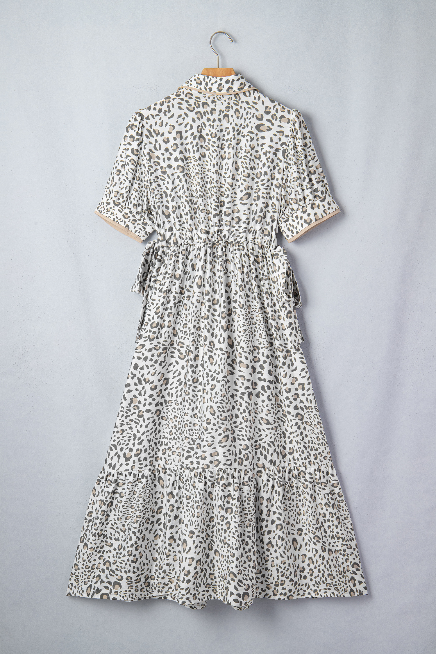 White Leopard Contrast Trim Button Front Short Puff Sleeve Long Dress view 15